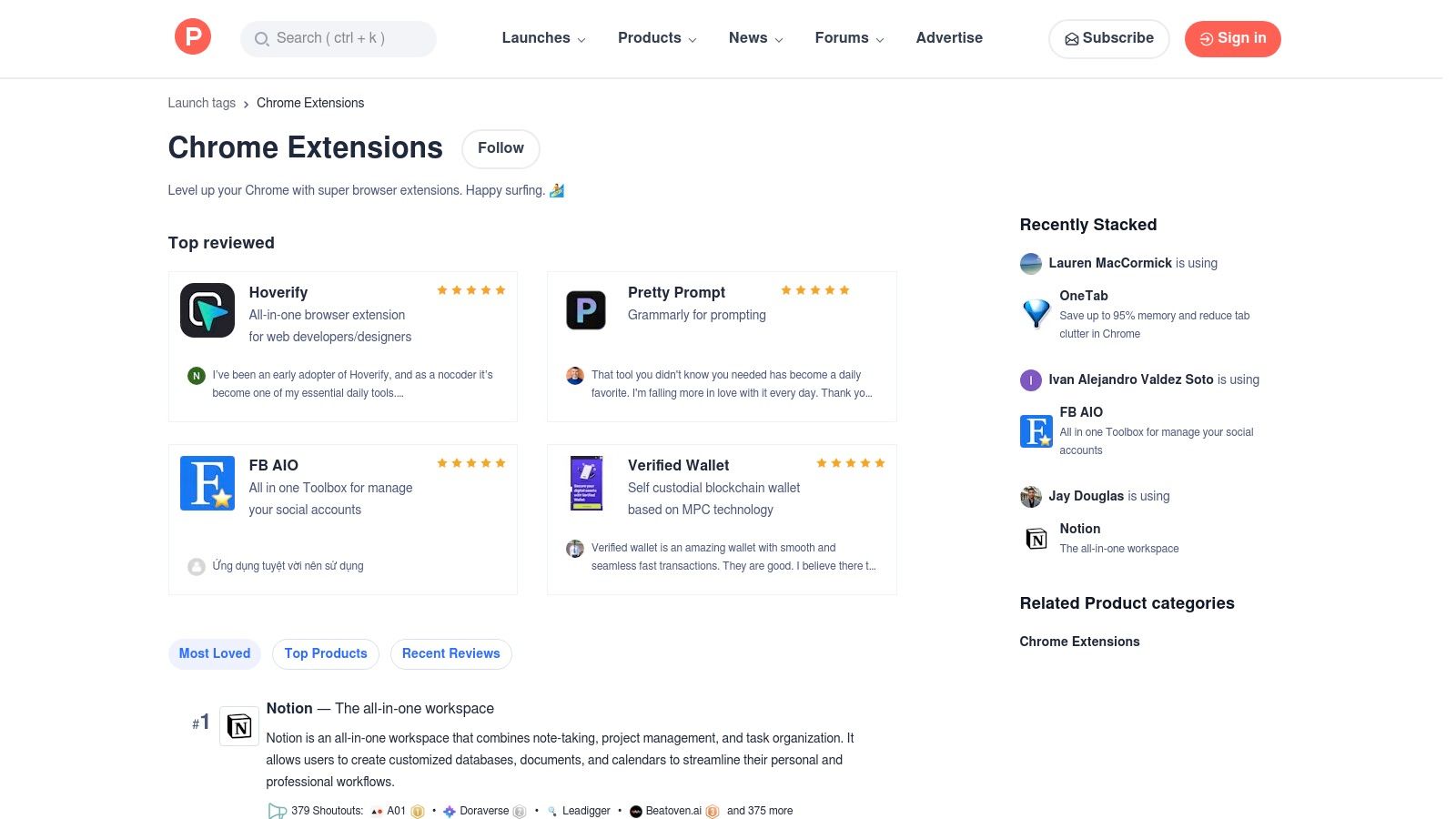 Product Hunt – Chrome Extensions Topic/Collections