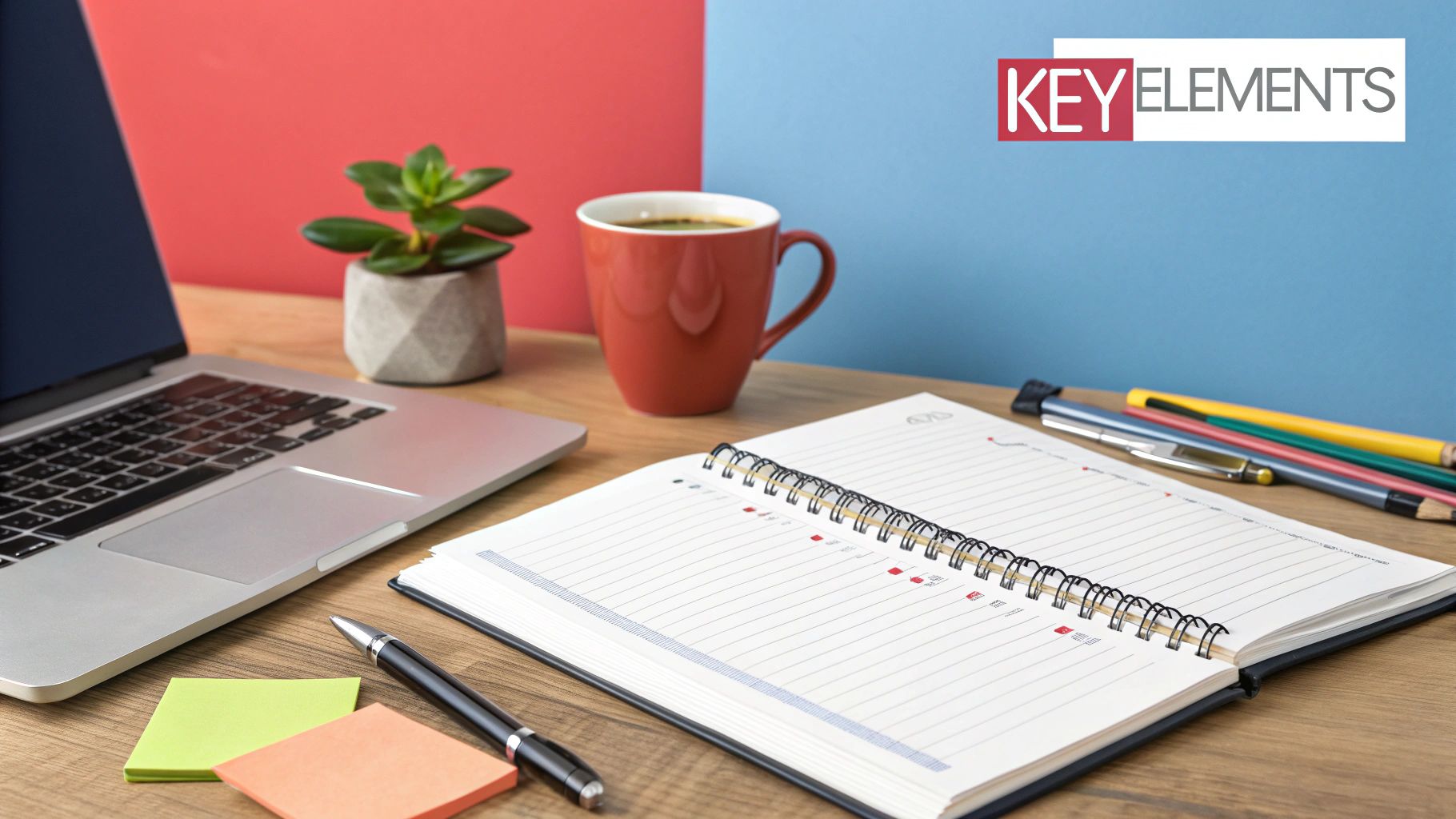 A person writing meeting notes on a laptop at a table with a cup of coffee