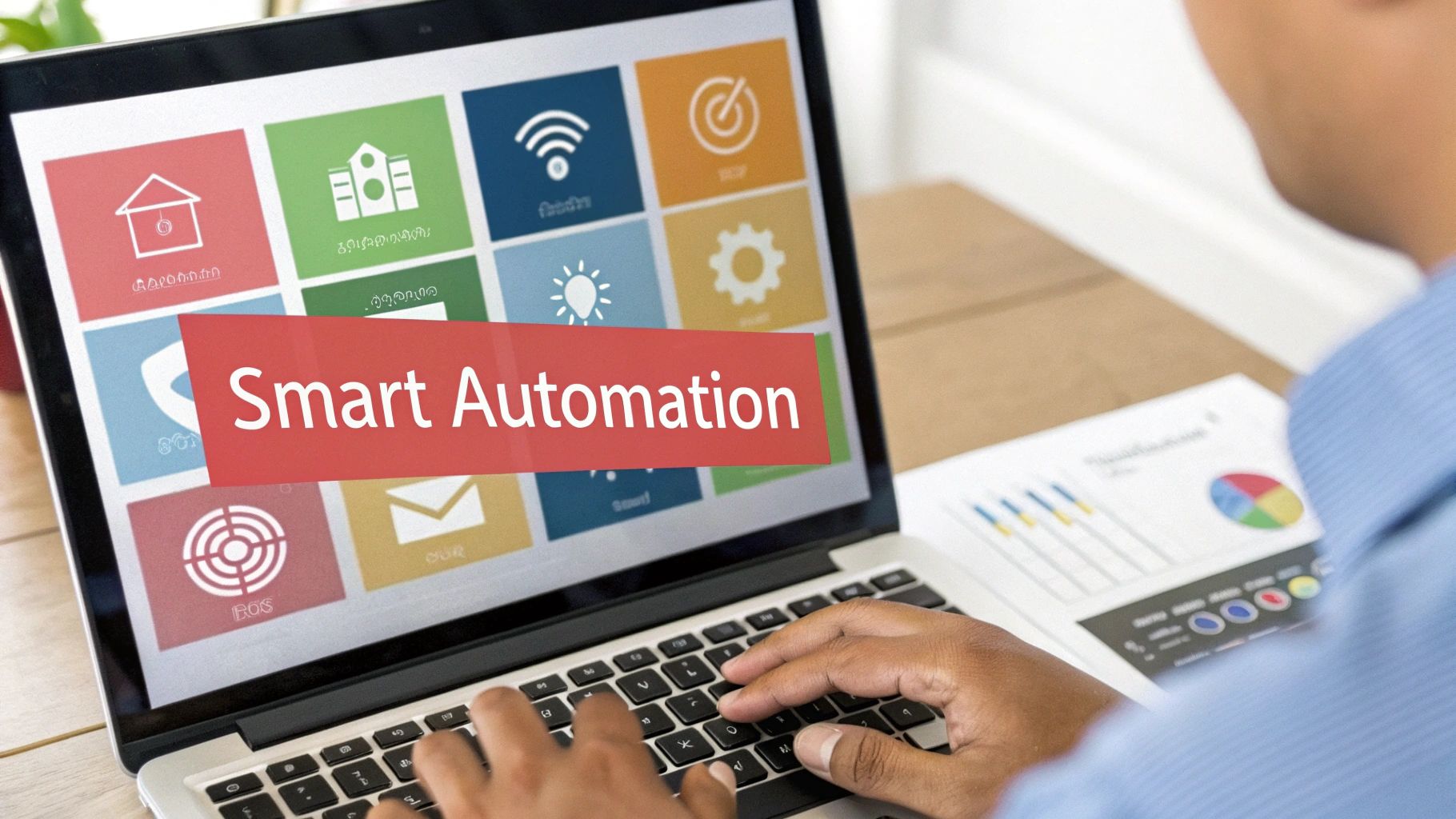 A person using a laptop with icons representing automation and productivity.