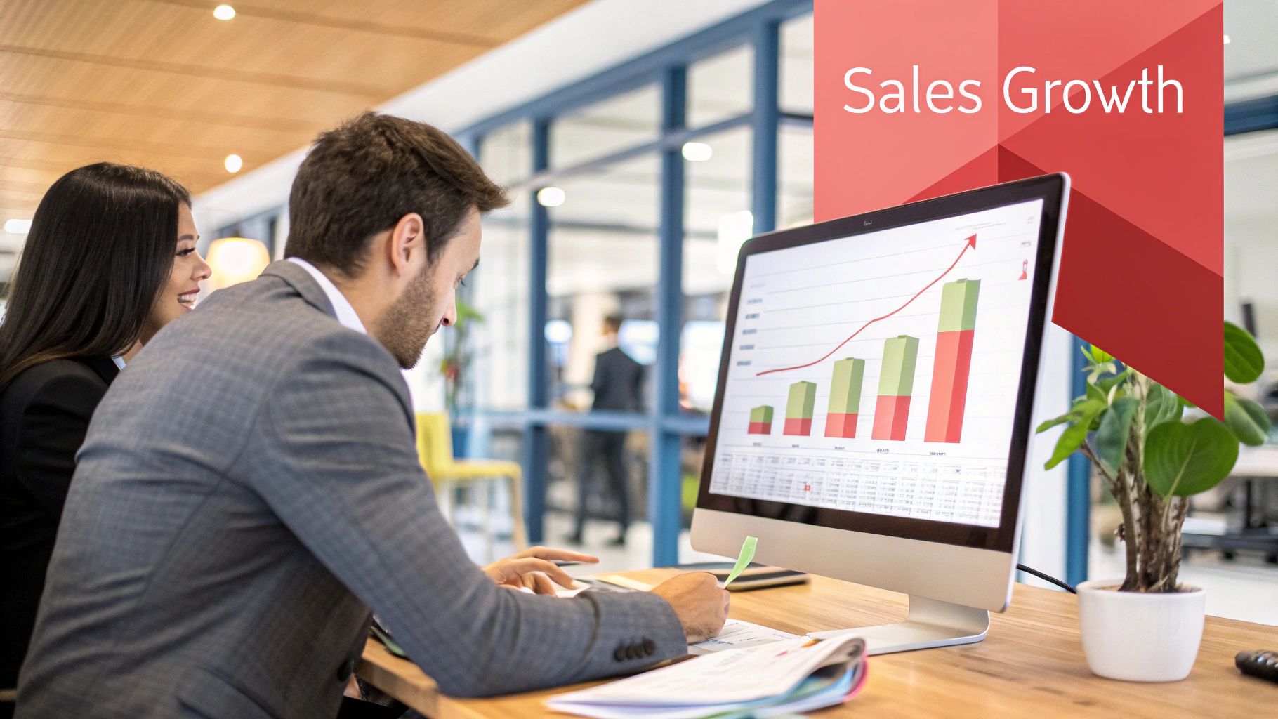 A team collaborating on a sales strategy in a modern agency office.