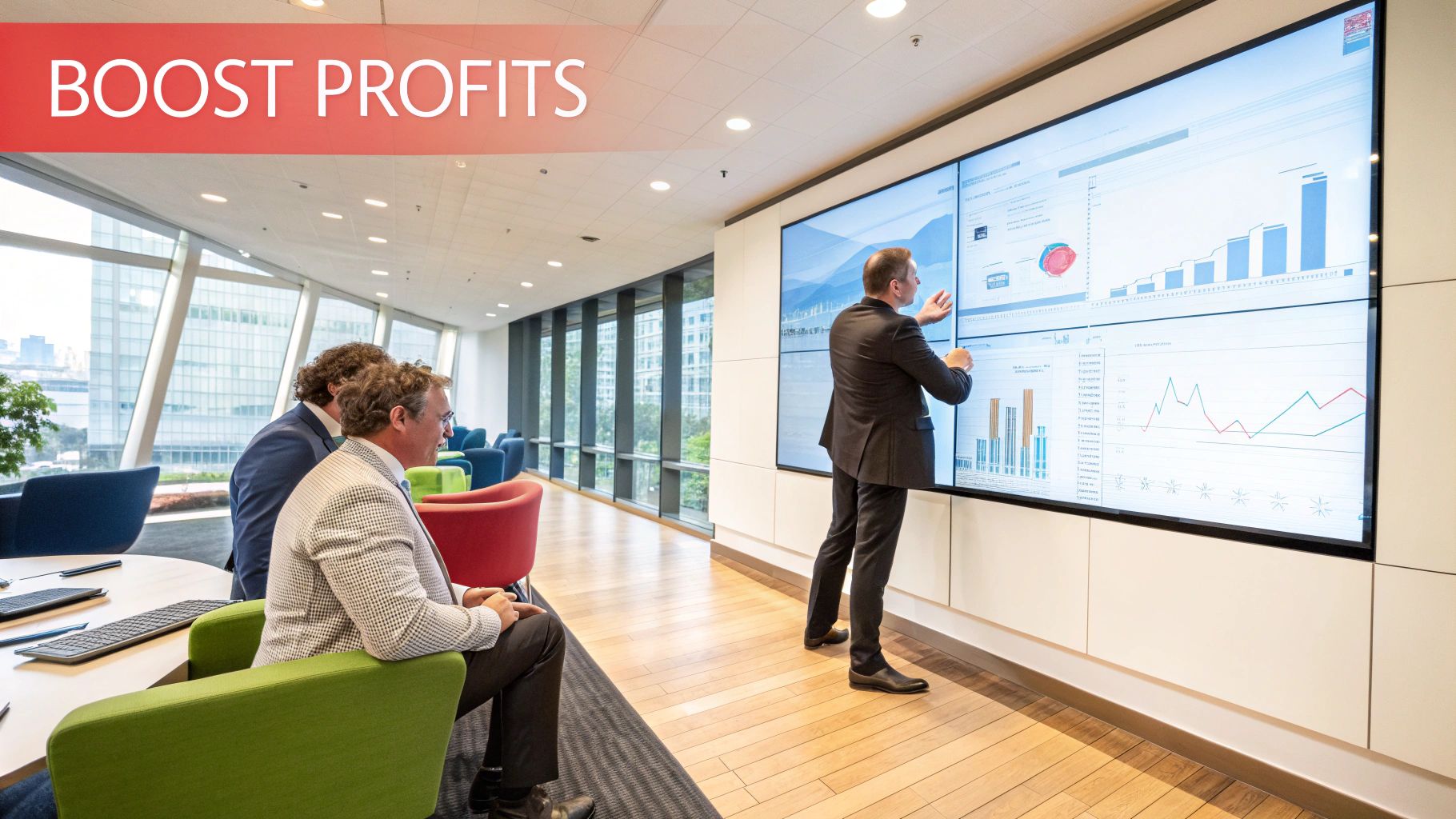 A team of agency professionals collaborating in a modern office, looking at charts on a screen.