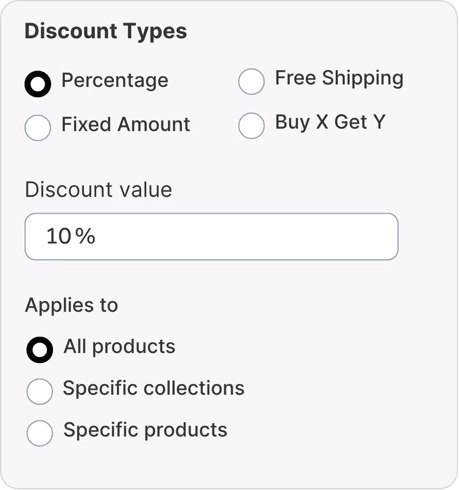 Create unique codes for any type of Shopify discount: percentage, fixed-value, Buy X Get Y, and free shipping.