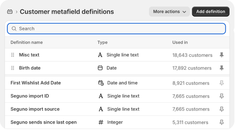 Shopify Customer Metafield Definitions screenshot