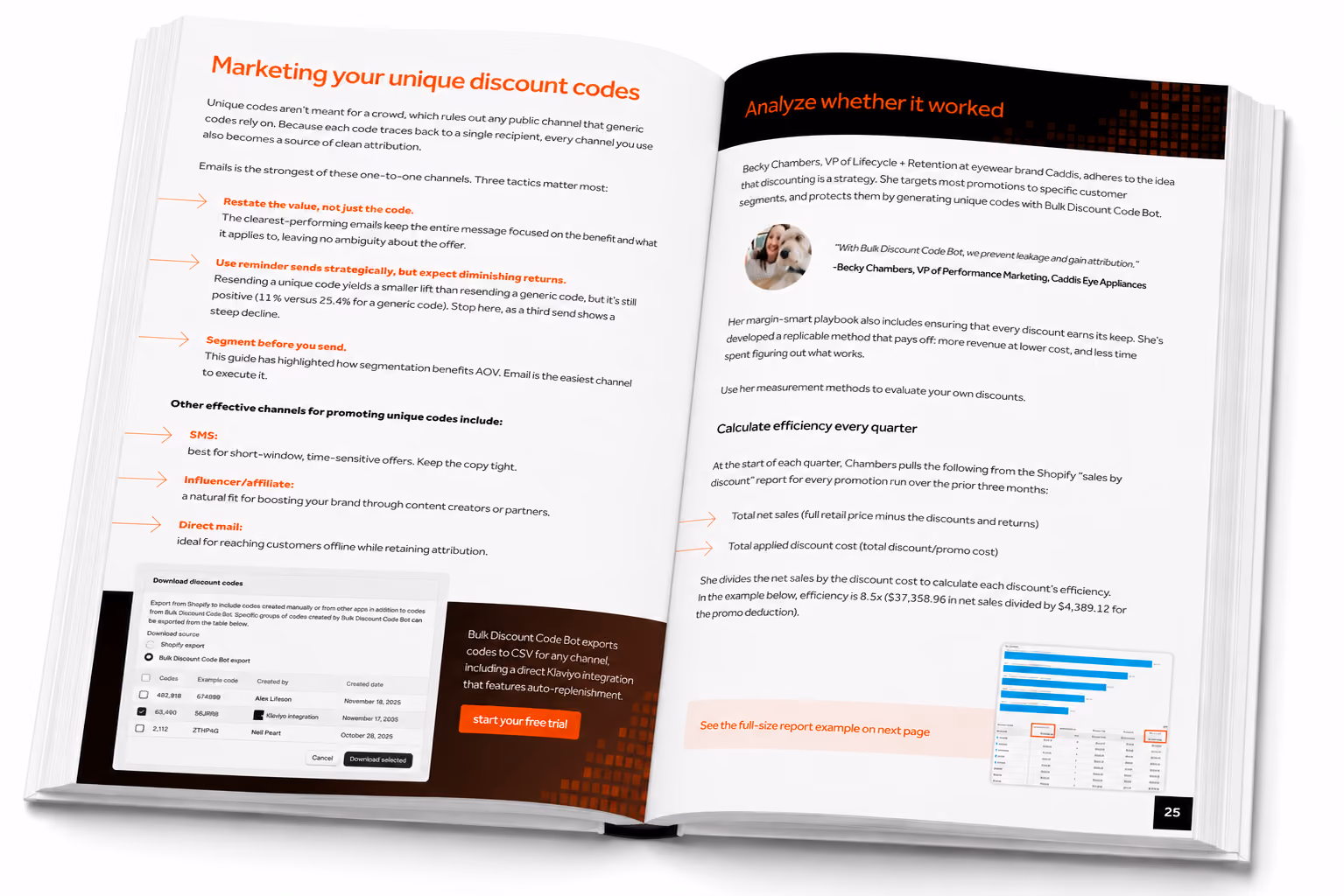 Opened eBook visual of the Ultimate Guide to Shopify Discount Codes by Seguno, the makers of Bulk Discount Code Bot for Shopify merchants