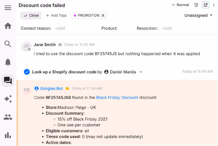 Reduce support response times by looking up discount details from inside Gorgias