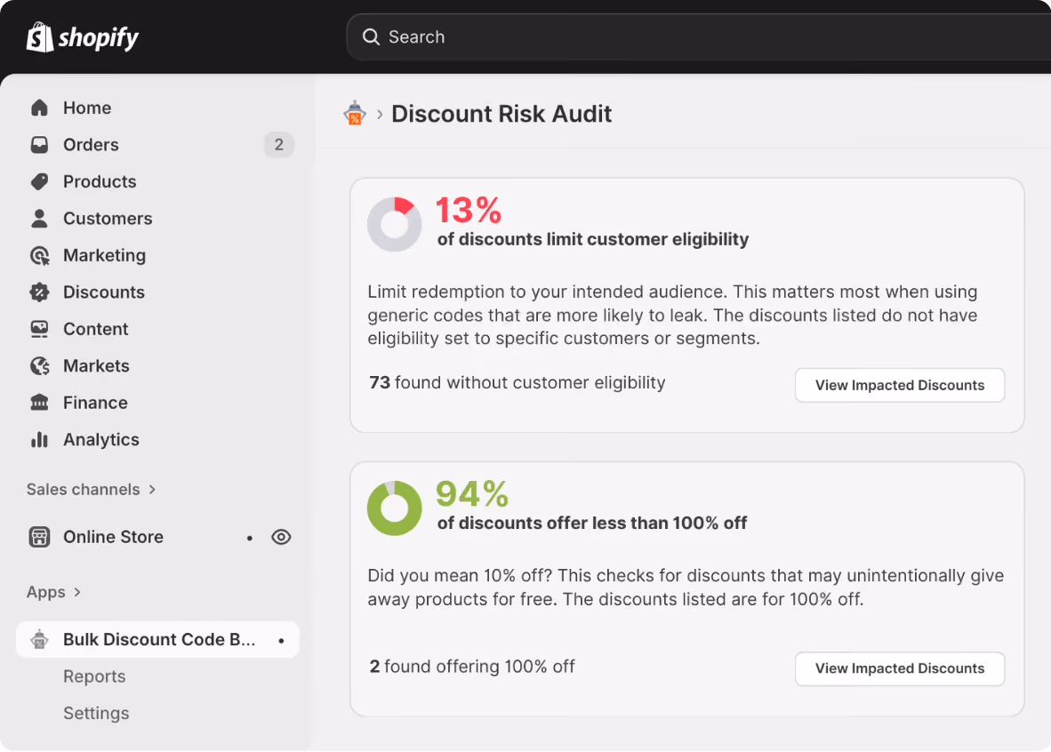 Check how well your configurations prevent coupon abuse with Bulk Discount Code Bot's Discount Risk Audit