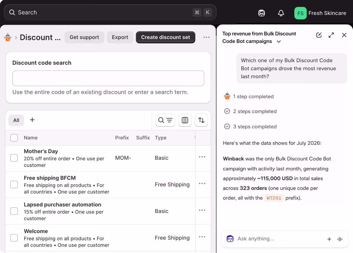 Prompt Shopify's AI Sidekick to create discount code sets or ask it about the performance of your promos with Bulk Discount Code Bot