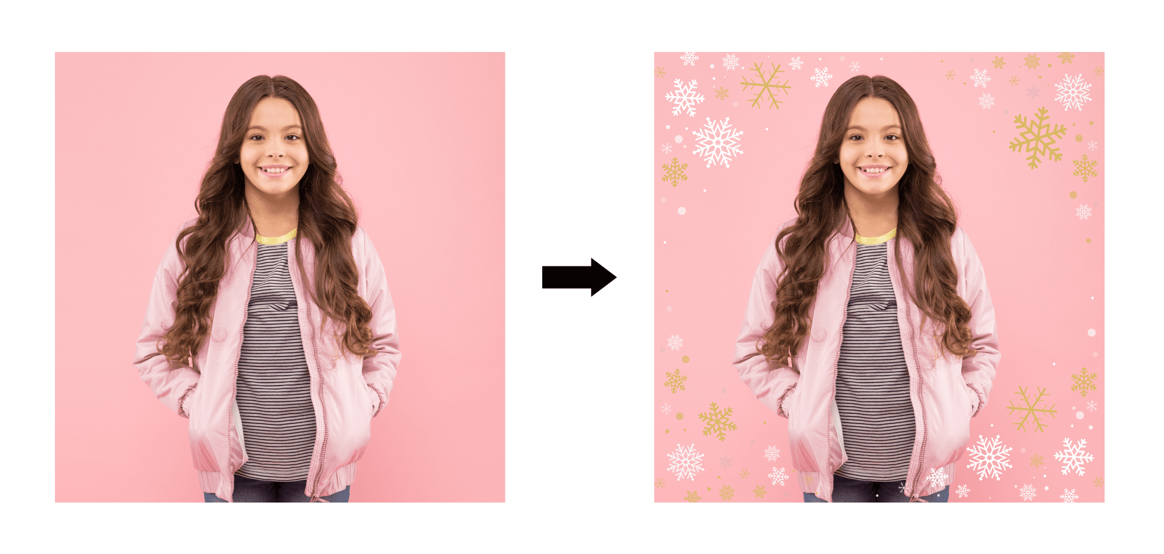 An image of a girl in a jacket, copied over to an image next to it with an overlay of a snowflake border