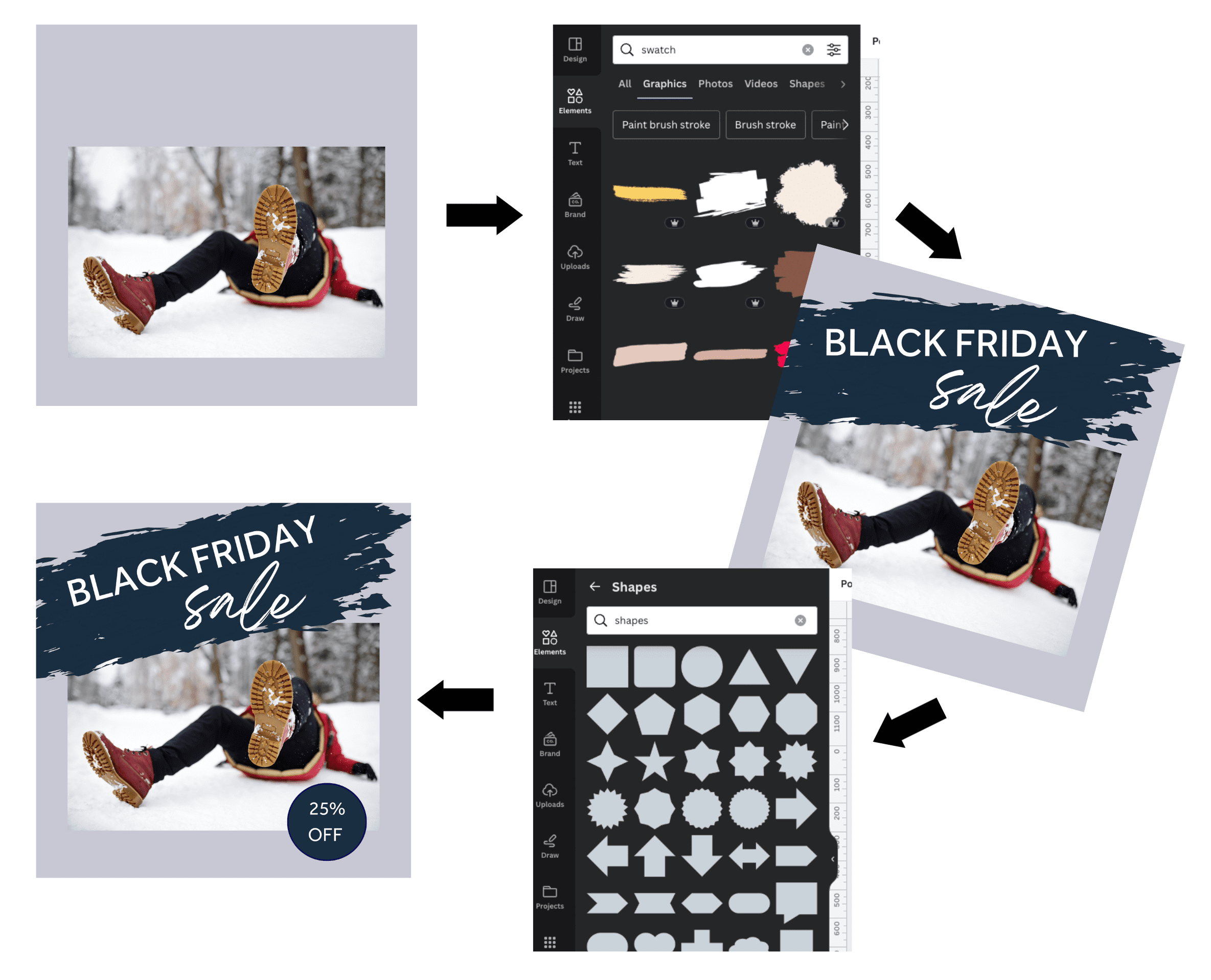 Image showing five steps of a header being put together; the final output has a headline of 'black friday sale' with a photo of a person on a sled, the closeup of the boots