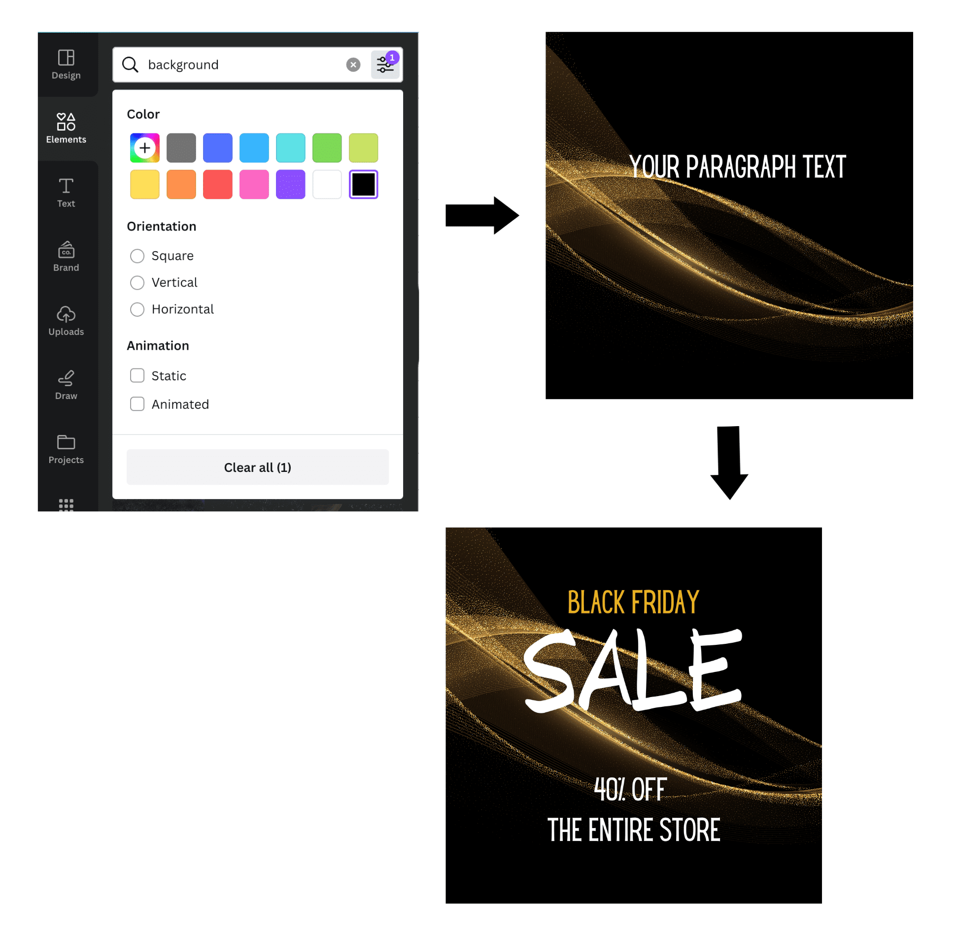 3 images: 1. screenshot of the elements section in canva 2. box of a black and gold background with 'your paragraph text on it' 3. finished hero image that says 'black friday sale 40% off the entire store'