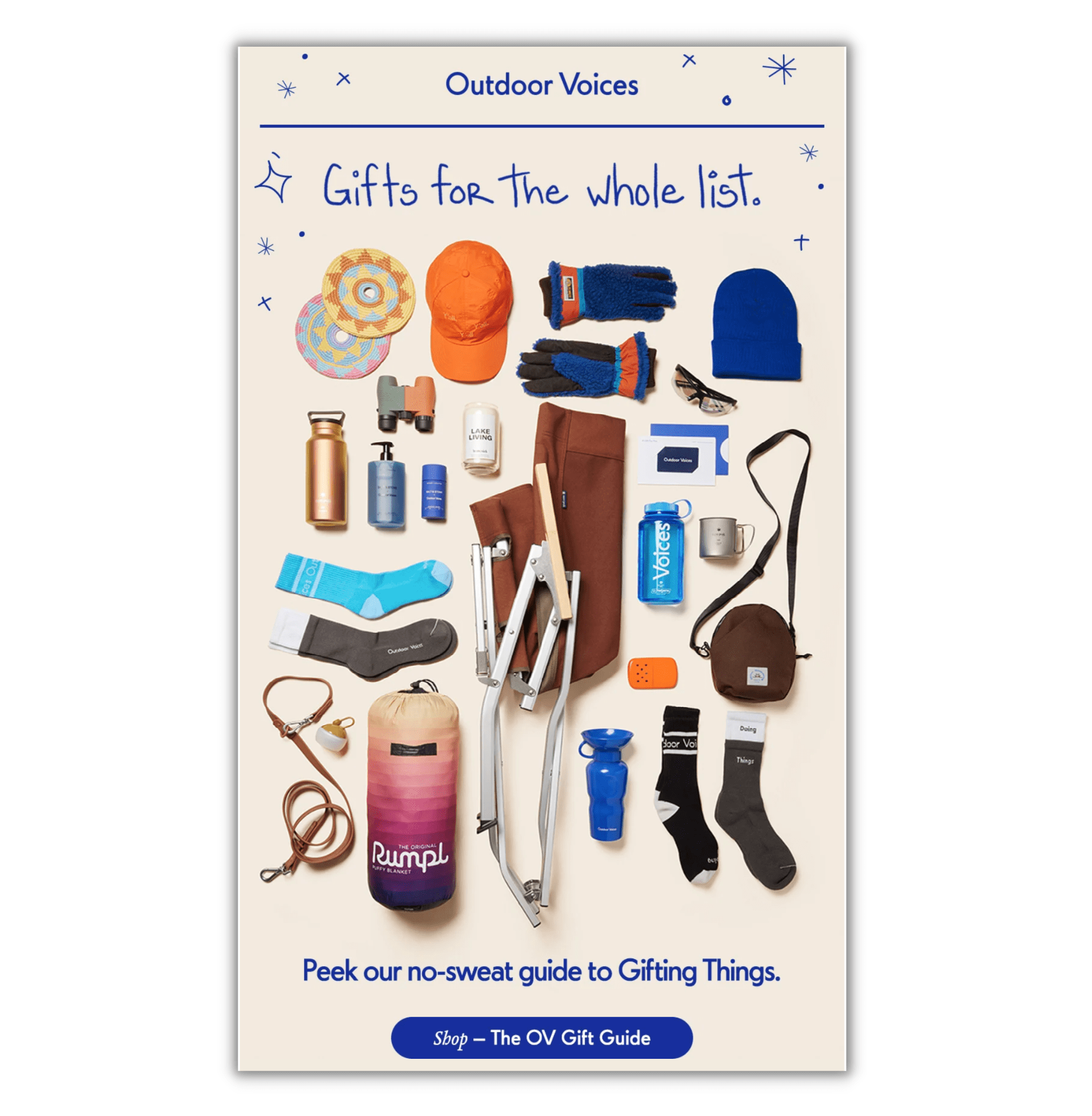 Email with the headline 'gifts for the whole list' followed by a collage of product photos