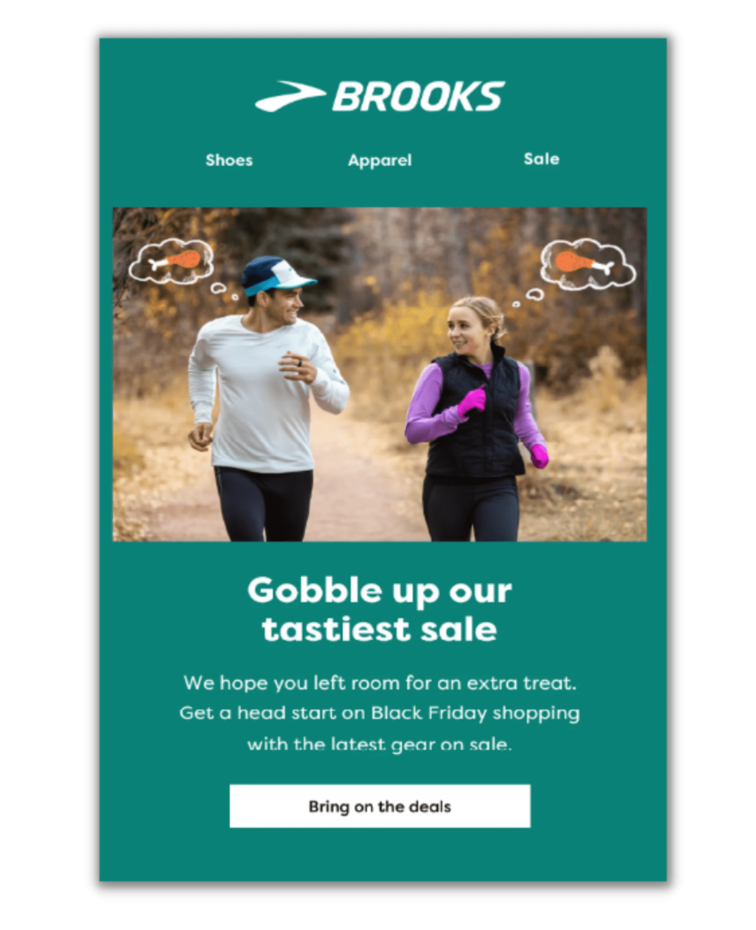 Email with a photo of a man and woman running with thought bubbles filled with a turkey leg