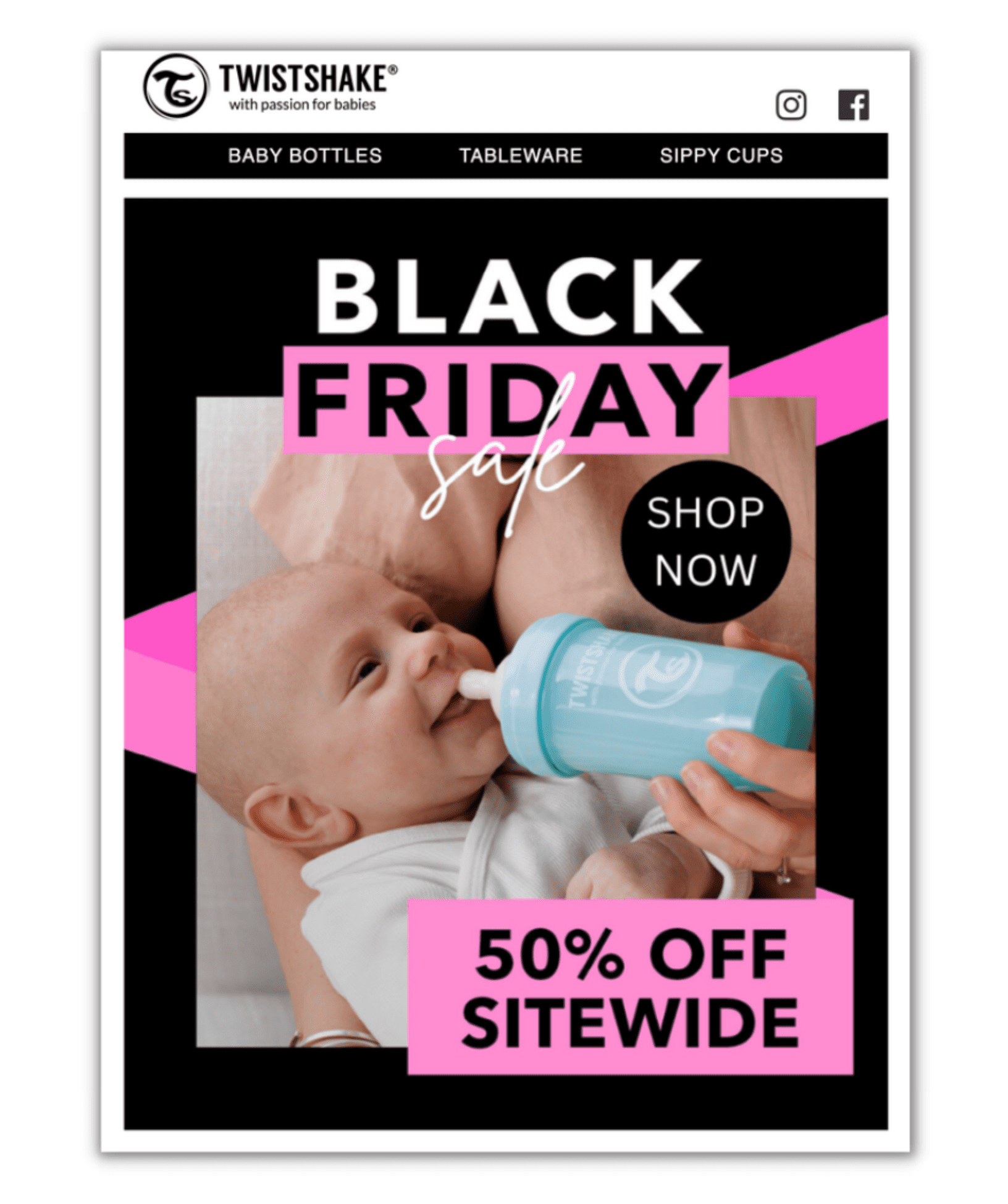 Email with the headline 'black friday sale' layered atop a photo of a baby drinking from a bottle