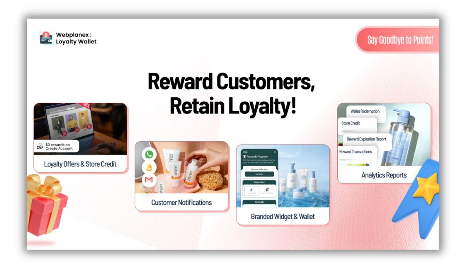Promotional image for Webplanex: Loyalty Wallet featuring the headline “Reward Customers, Retain Loyalty!” The design highlights features such as loyalty offers and store credit, customer notifications, a branded rewards widget and wallet, and analytics reports showing wallet redemption, store credit, and reward expiration. A red badge reads “Say Goodbye to Points!” and a gift icon appears in the bottom left corner.