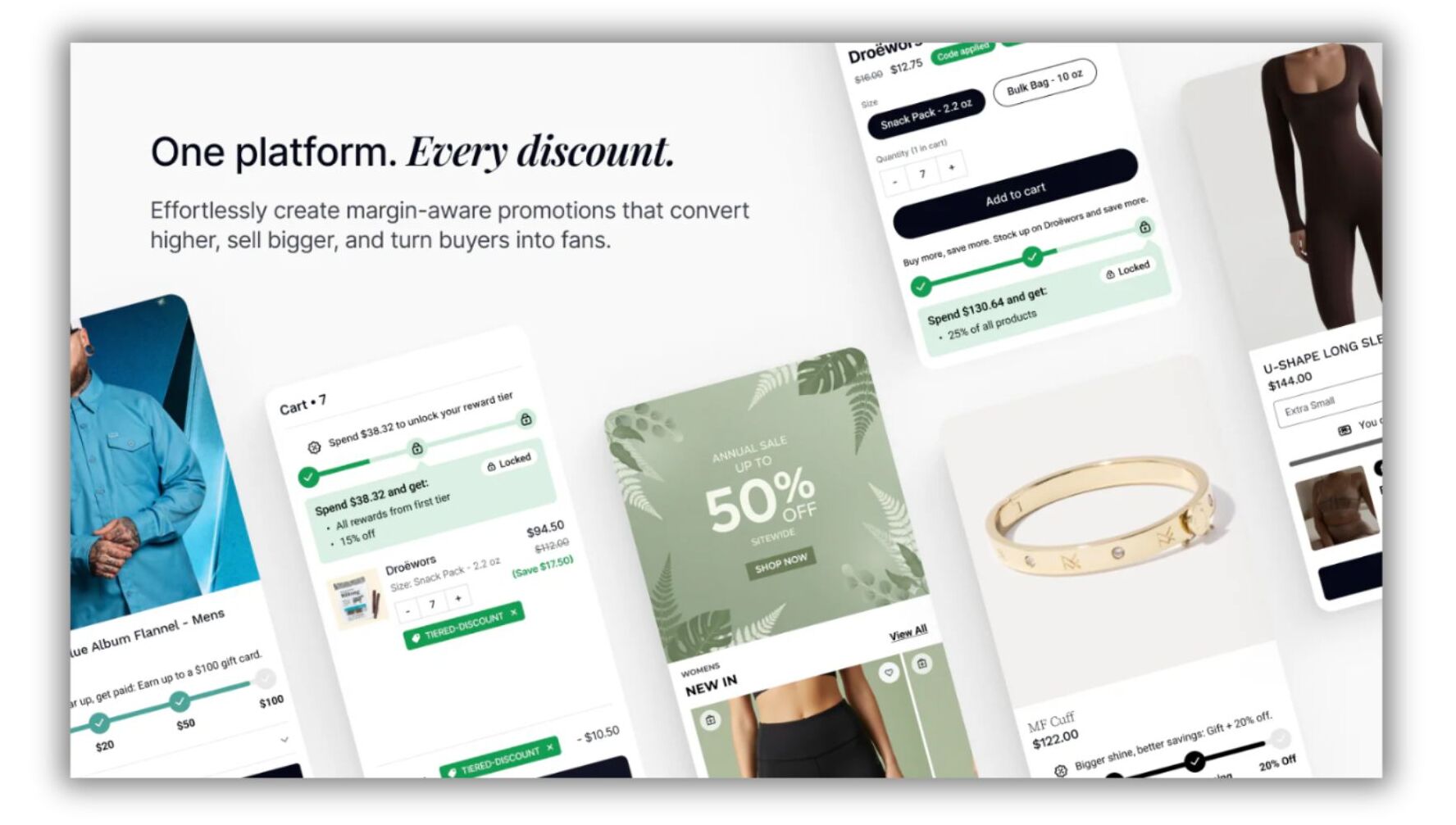 Promotional graphic for Abra Promotions featuring the tagline “One platform. Every discount.” The image showcases examples of discount and upsell widgets within product and cart pages, including tiered reward progress bars, sitewide sale banners, and product-level offers such as “Spend $38.32 to unlock your reward tier” and “Annual sale up to 50% off.” The visuals emphasize margin-aware promotions and real-time discount visibility across the shopping experience.