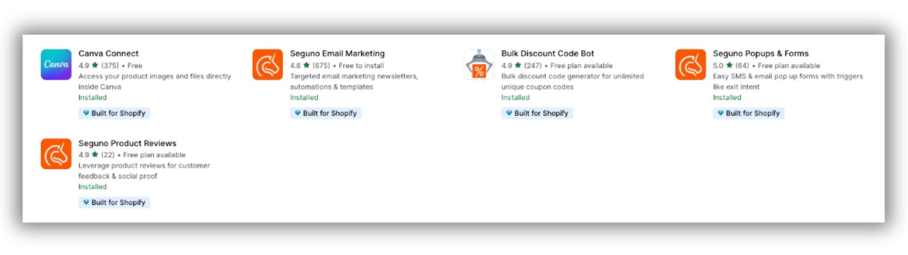 Screenshot capture of icons for Canva Connect, Seguno Email Marketing, Seguno Popups & Forms, Seguno Product Reviews, Bulk Discount Code Bot