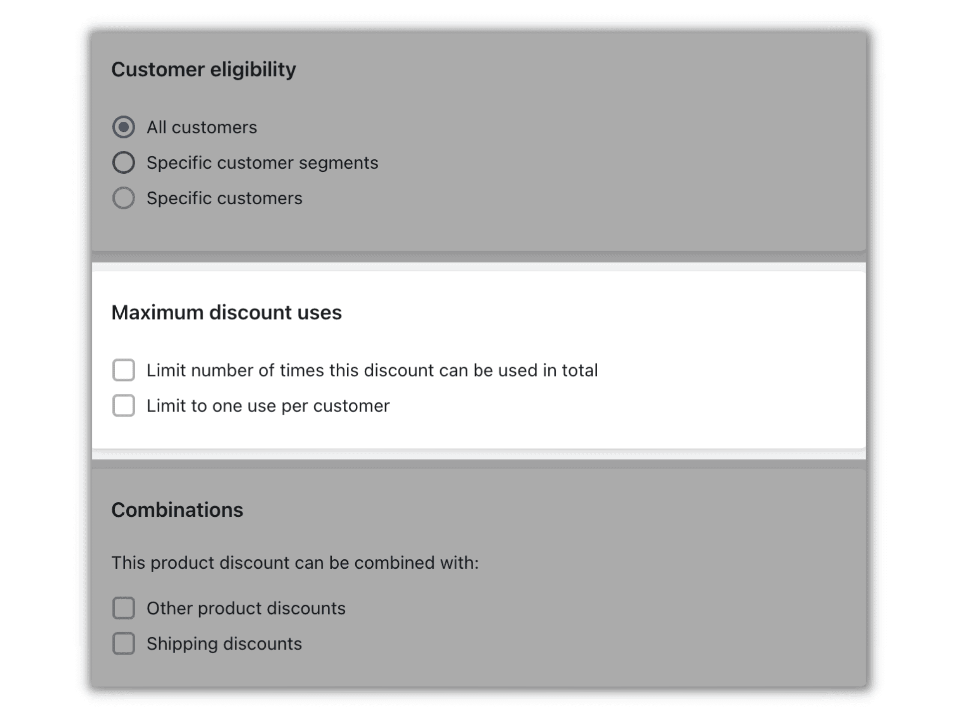 Shopify admin functionality shows radio button 'all customers' set for customer eligibility among the other options, as well as options for maximum discount uses and combinations