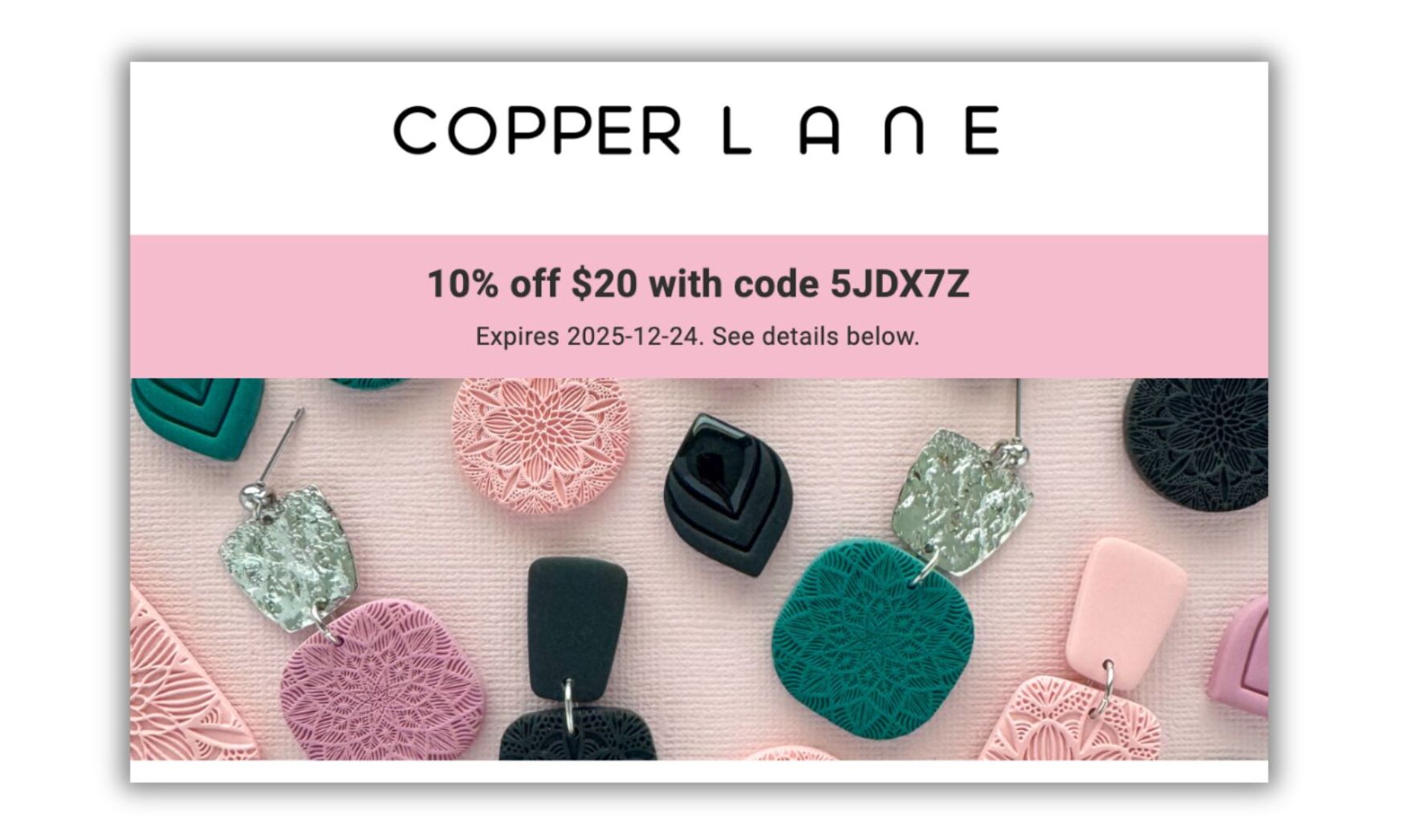 email header image featuring multiple colorful earrings and a banner that reads: 10% off $20 with code 5JDX7Z