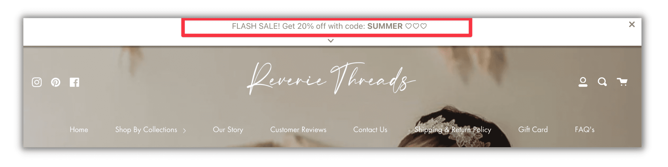 Snapshot of the top of a homepage - red box highlights a banner that reads "flash sale! get 20% off with code: SUMMER"