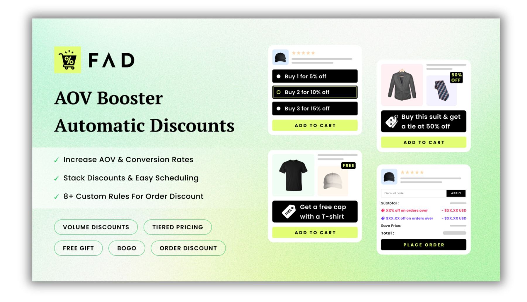 Promotional banner for FAD AOV Booster automatic discounts app showing examples of tiered pricing, bundle offers, and free gift promotions, with benefits like increasing AOV, stacking discounts, and custom order rules.