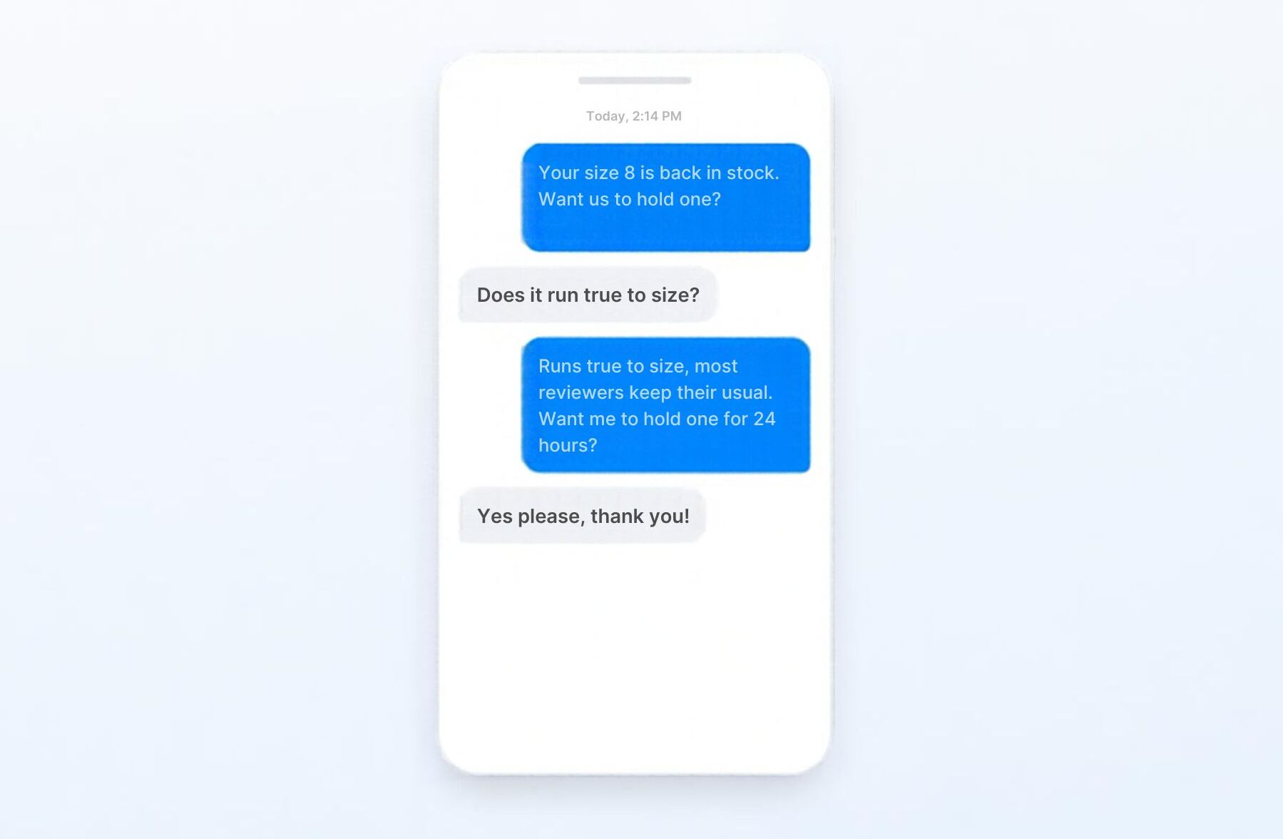 Smartphone displaying a two-way SMS conversation: a brand announces that the shopper’s size is back in stock, answers a sizing question, and offers to hold the item for 24 hours.