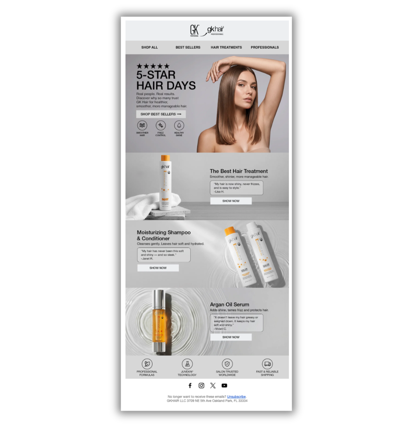 GK Hair promotional email featuring a “5-Star Hair Days” campaign, with a model showcasing smooth hair, product images of hair treatments, moisturizing shampoo and conditioner, and argan oil serum, customer testimonials, and shop now buttons.