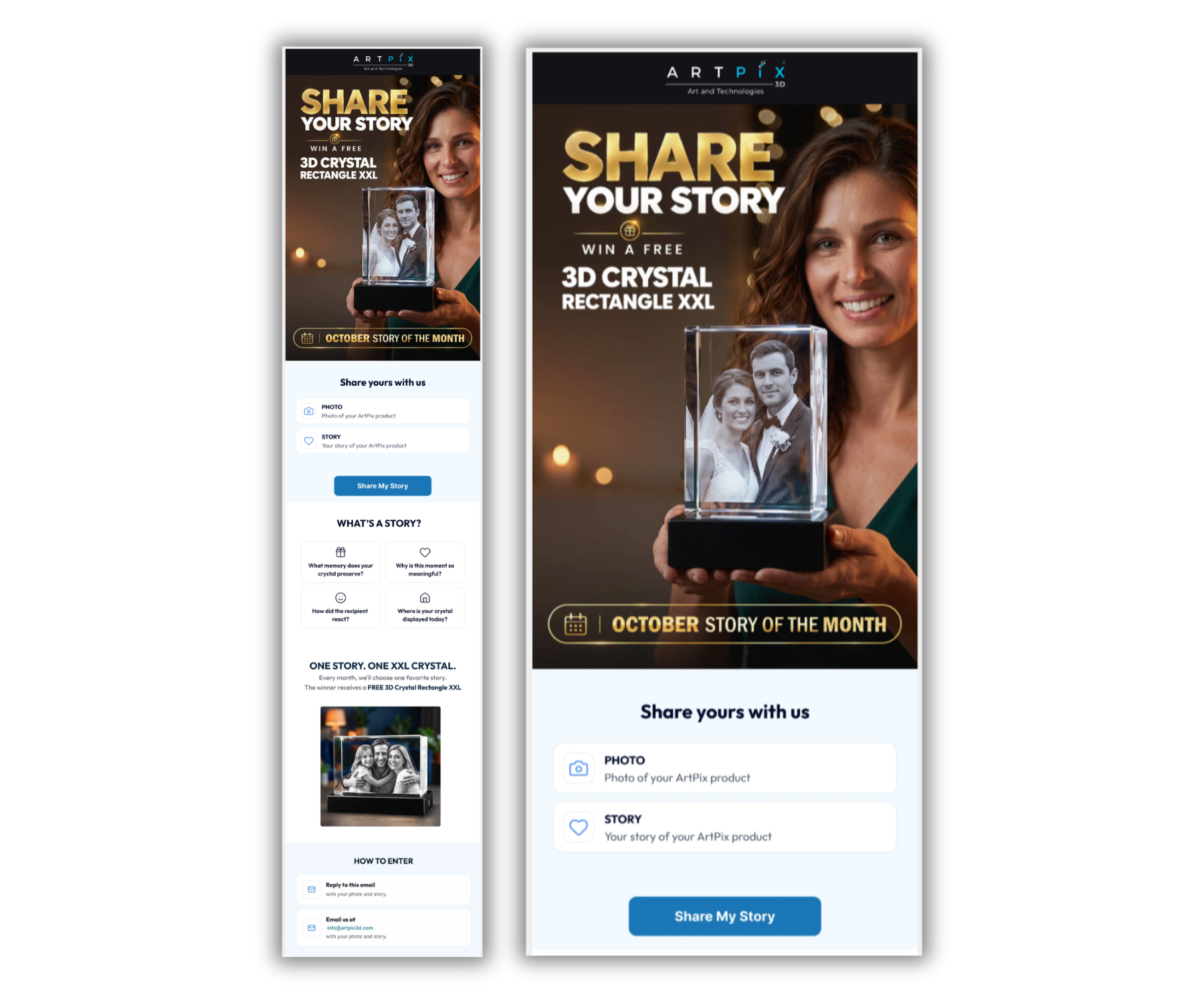 ArtiPix promotional email inviting customers to share a photo and story about their personalized 3D crystal keepsake for a chance to win a free 3D Crystal Rectangle XXL. Features a woman holding an engraved crystal, submission instructions, and a “Share My Story” button.