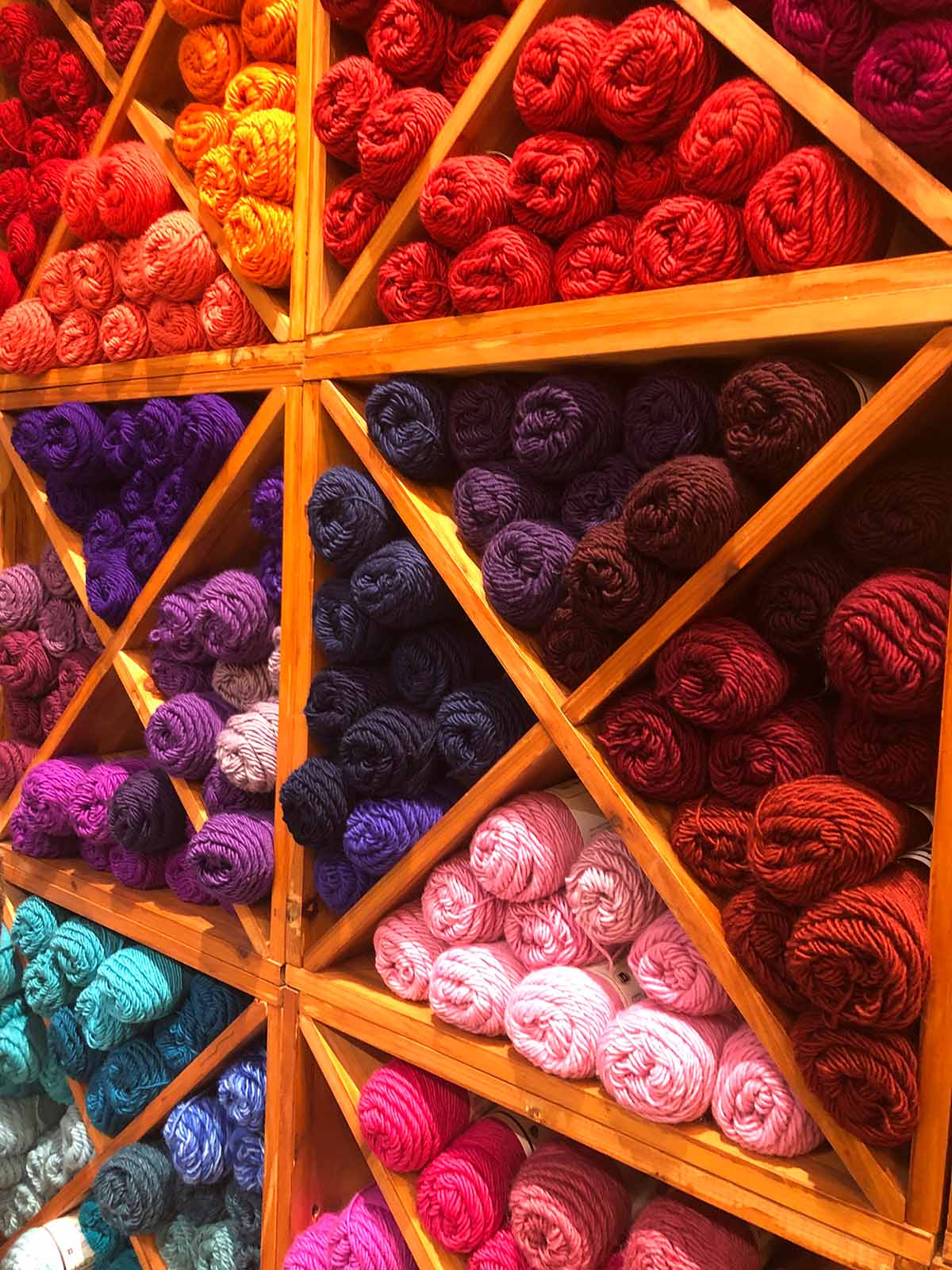 Display of yarn skeins for sale at Asheville store