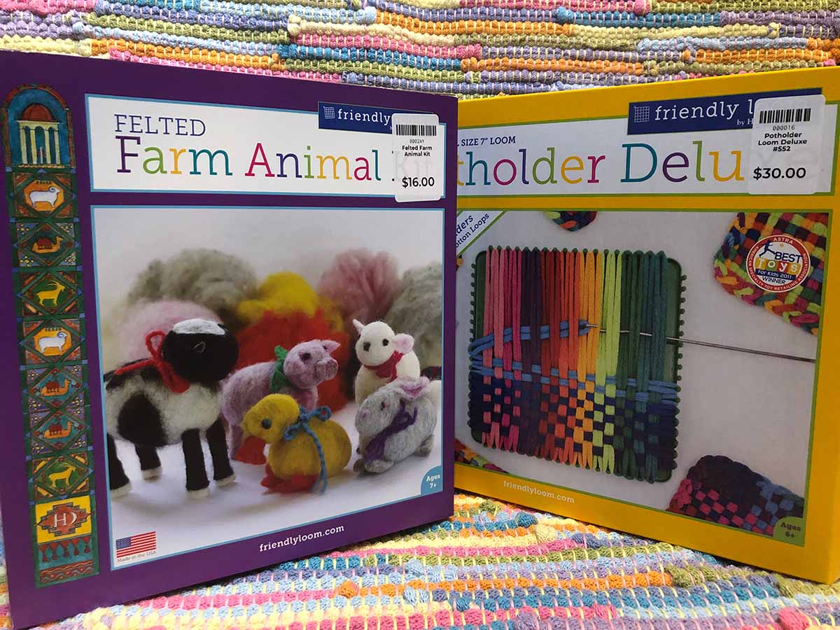 Felted animals and potholder loom kit available at Asheville Home Crafts