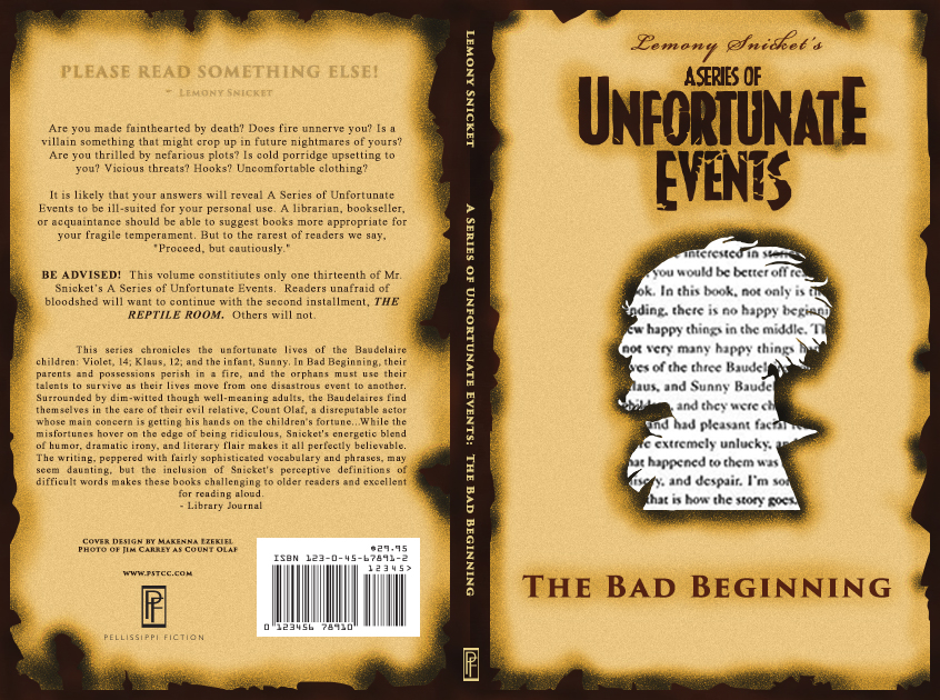 Burnt and aged paper with Count Olaf's visage burnt into the center to reveal part of the book's underlying text.