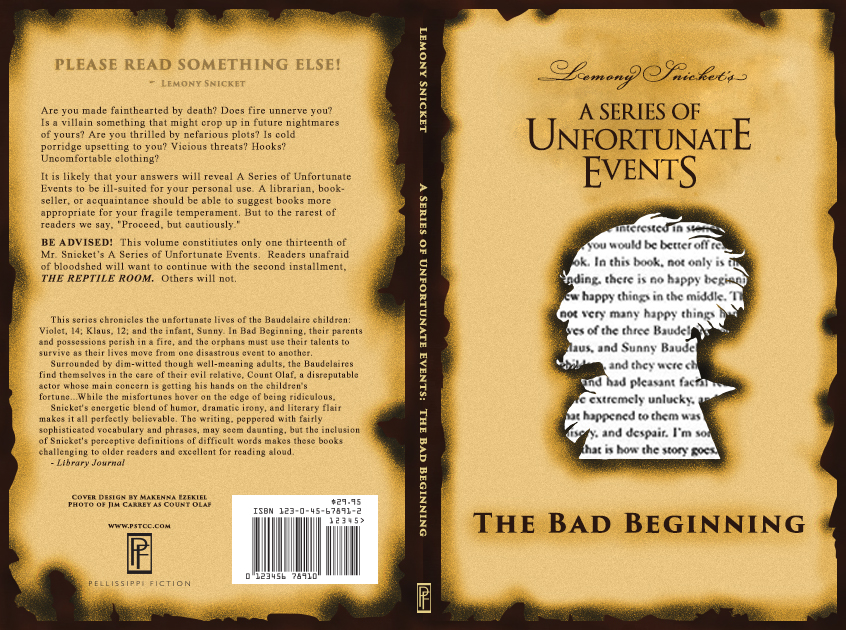 Burnt and aged paper with Count Olaf's visage burnt into the center to reveal part of the book's underlying text.