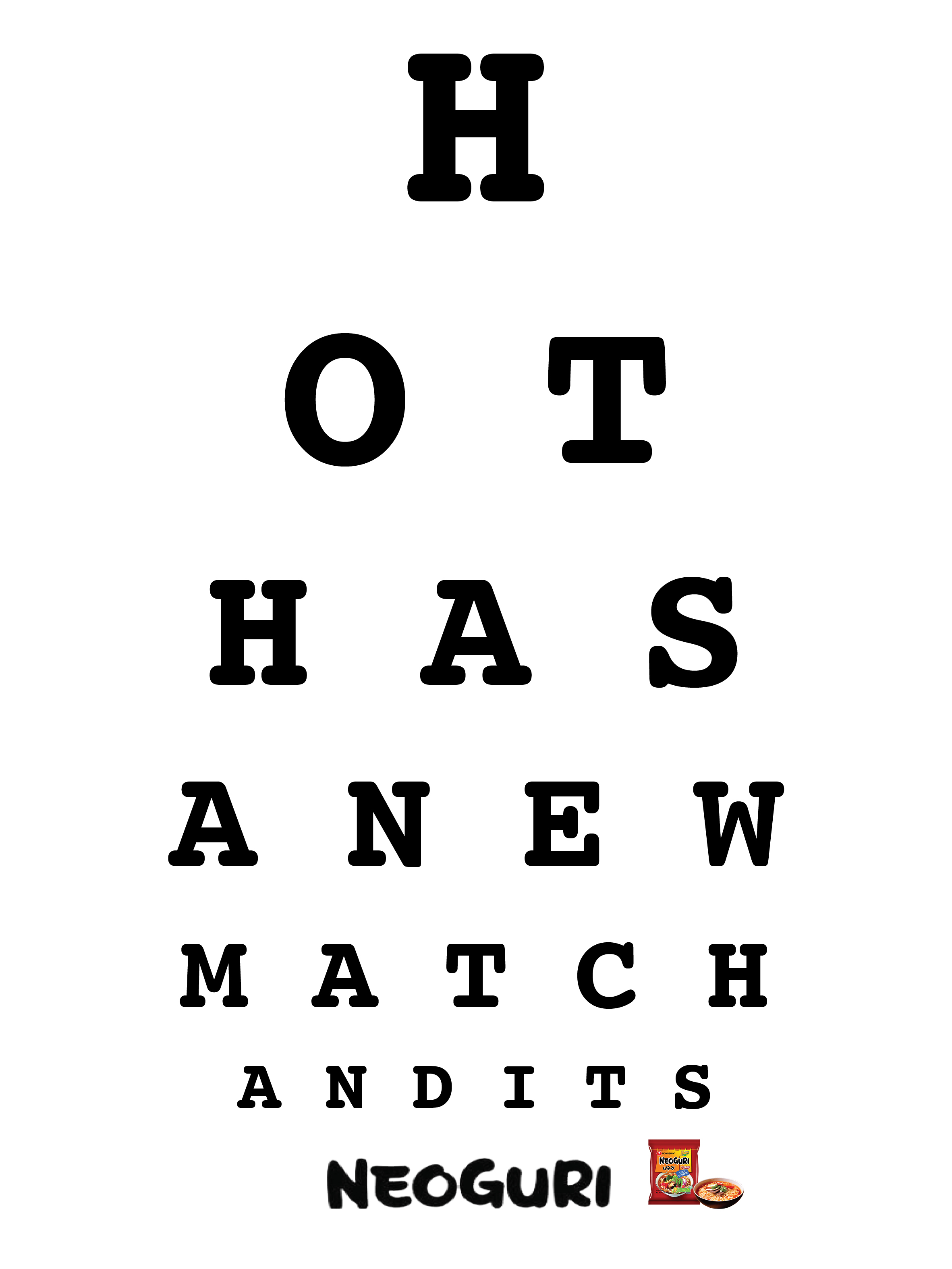 "Hot has a new match and its NEOGURI" Snellen Chart.
