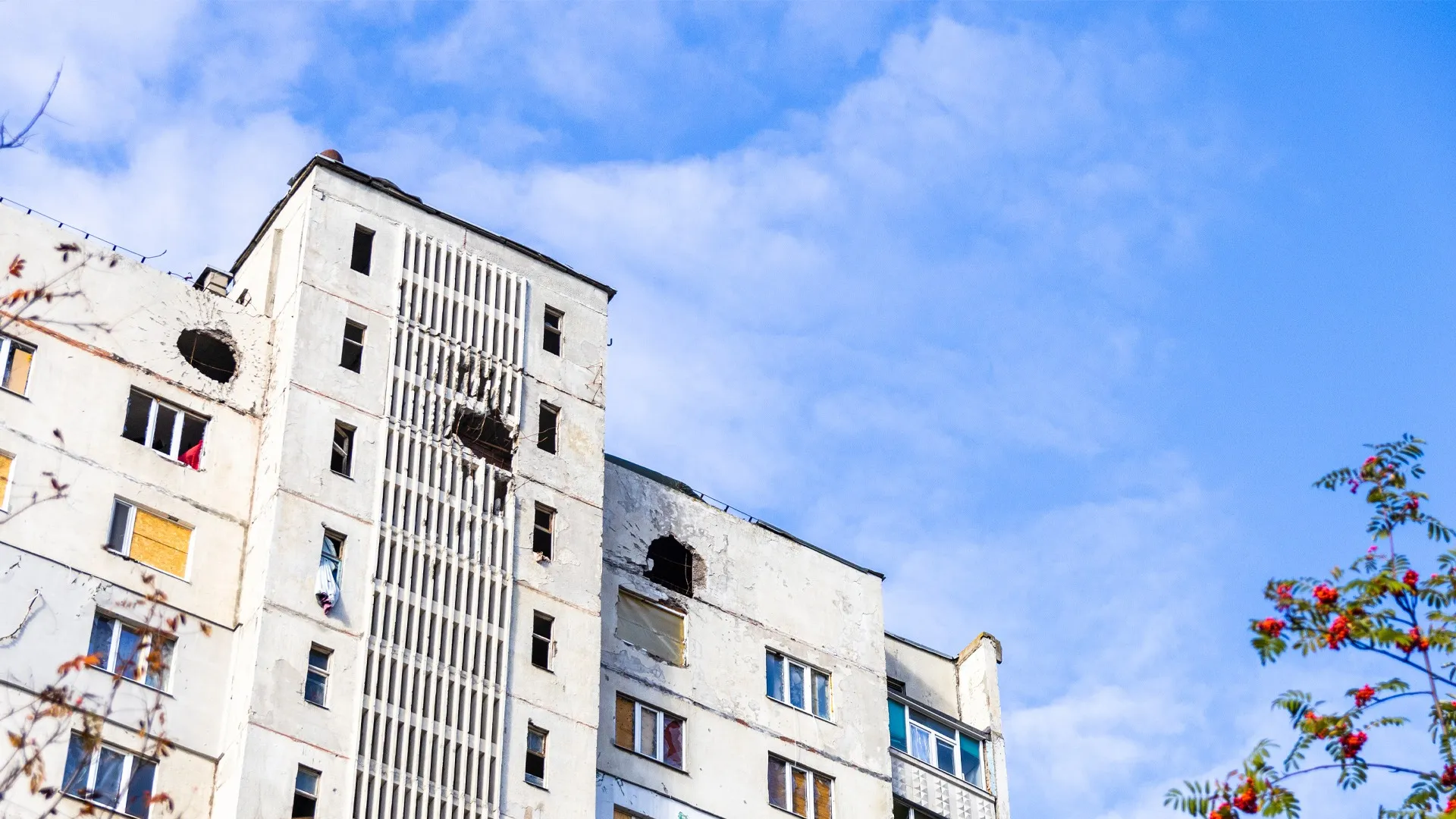 A dilapidated building hit with a missile in Ukraine.