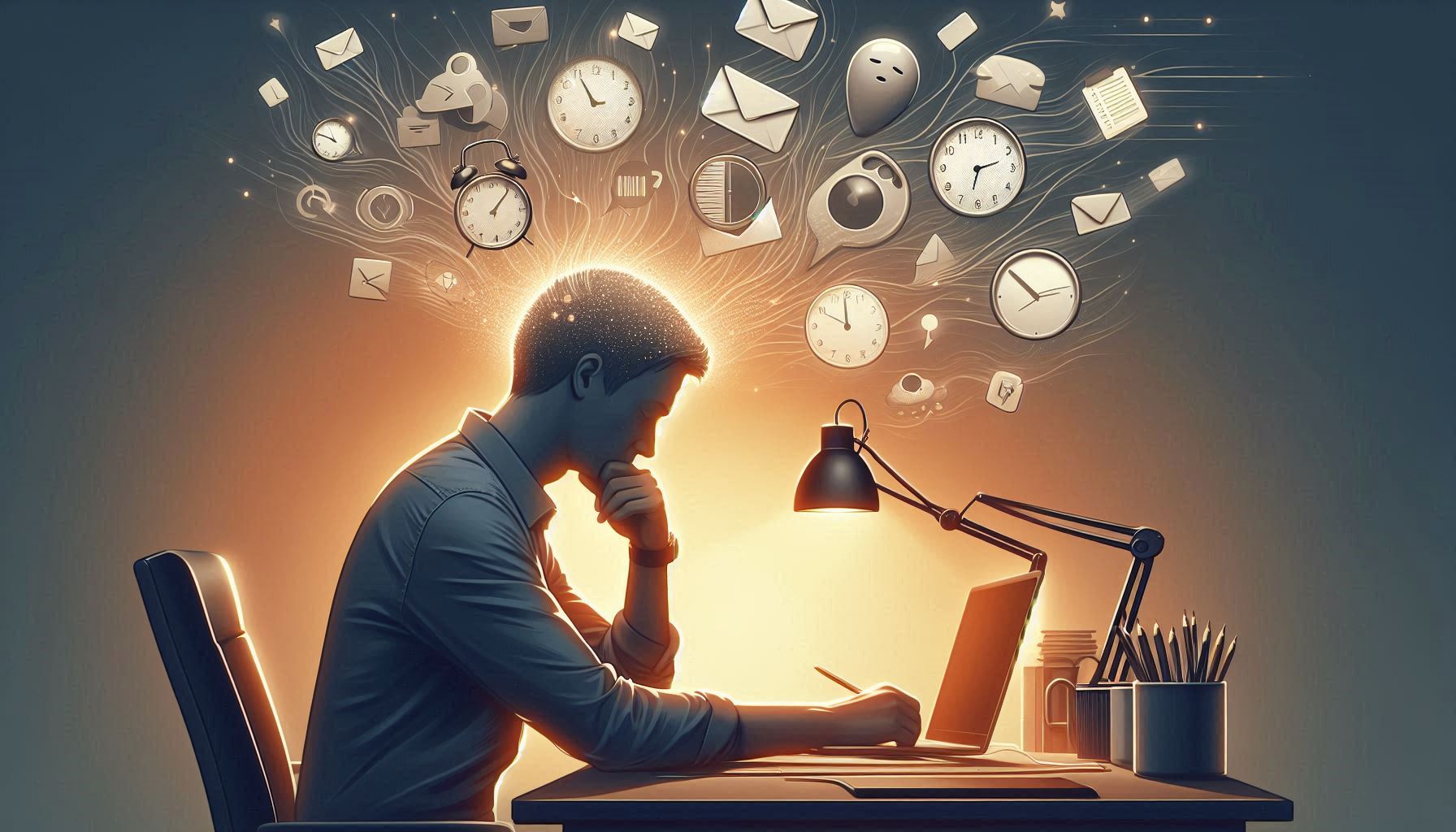 Office worker at a desk surrounded by floating clocks, emails, and notifications—visualising mental overload and the warning signs of workplace decision fatigue.