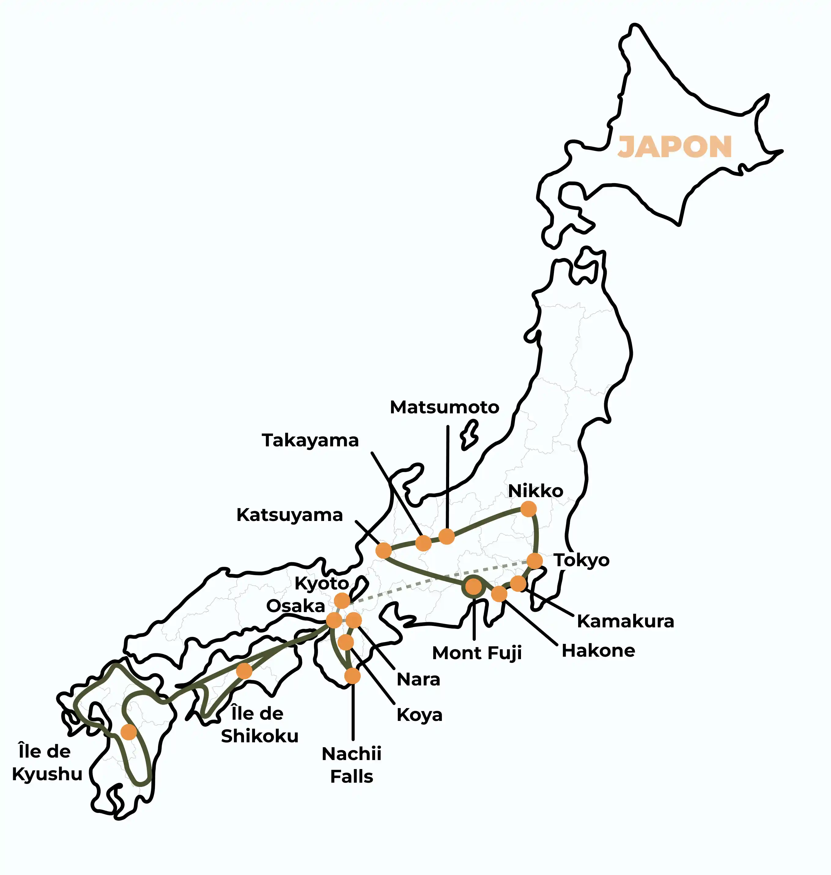 Carte de notre itinéraire de 2 mois au Japon