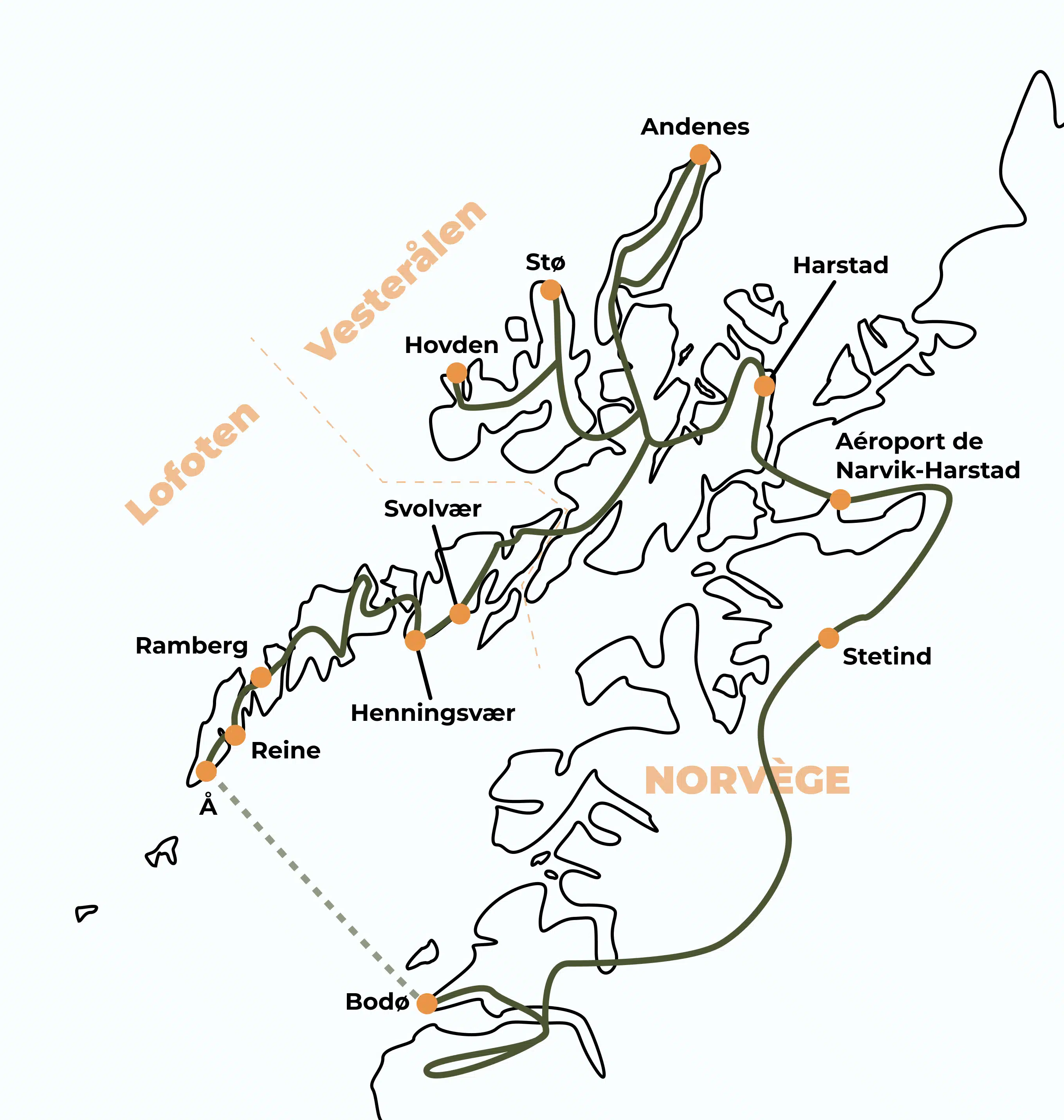 Carte des Lofoten, Vesterålen et Bodø avec notre itinéraire tracé