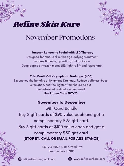 Refine Skin Kare November promotions on lavender background with purple floral borders: Janssen Longevity Facial with LED Therapy for mature skin; Lymphatic Drainage $100 with code NOV25; gift card bundles—buy 2 $90 get $25 free, buy 3 $100 get $50 free. Address: 10108 Grand Ave, Franklin Park IL 60131; email refineskinkare@gmail.com; site www.refineskinkare.com.