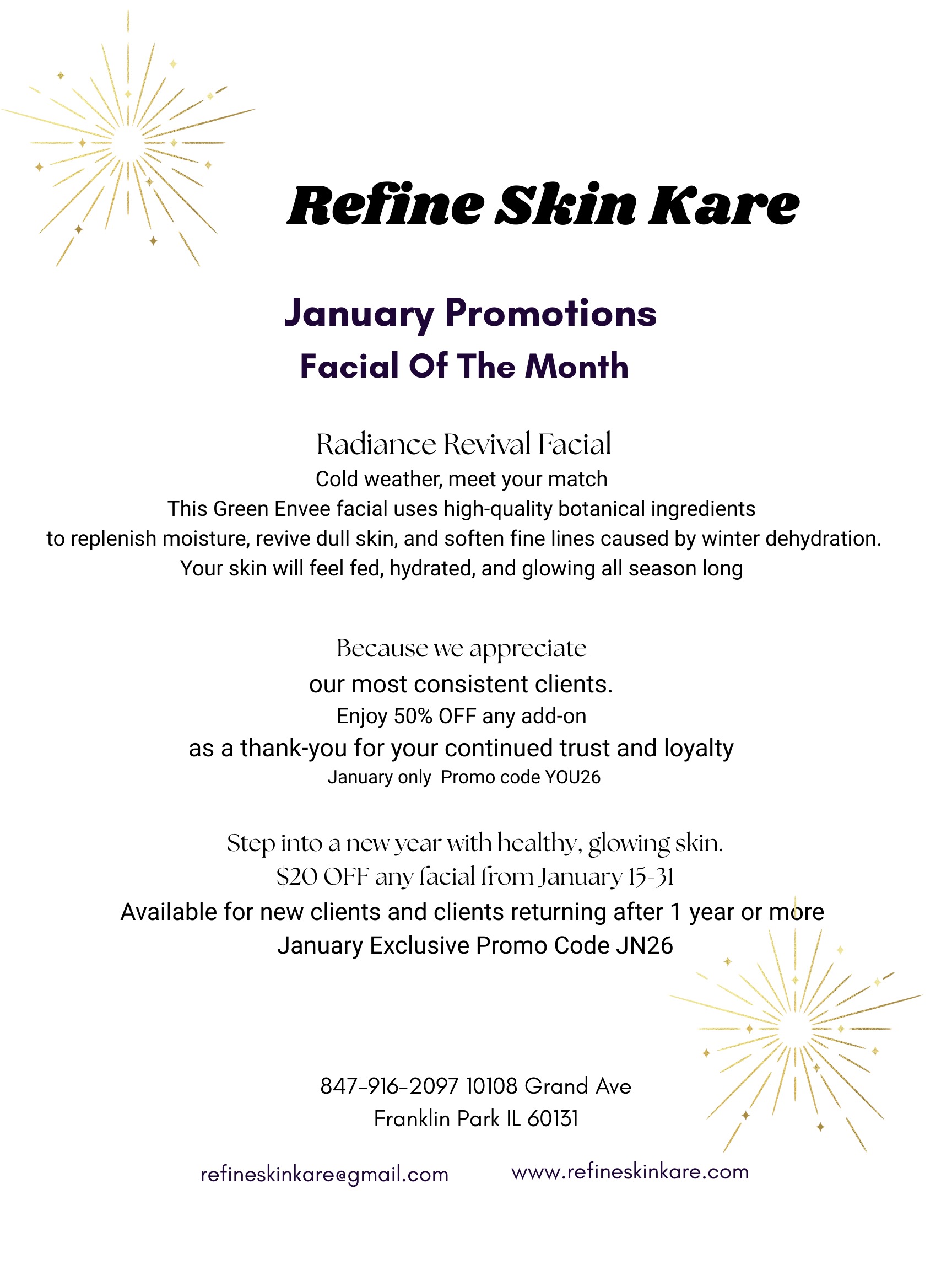 Refine Skin Kare January promotions flyer: Radiance Revival Facial of the Month with Green Envee botanical ingredients; 50% off add-ons (code YOU26); $20 off any facial Jan 15-31 for new/returning clients (code JN26). Contact: 847-916-2097, 10108 Grand Ave, Franklin Park IL 60131.