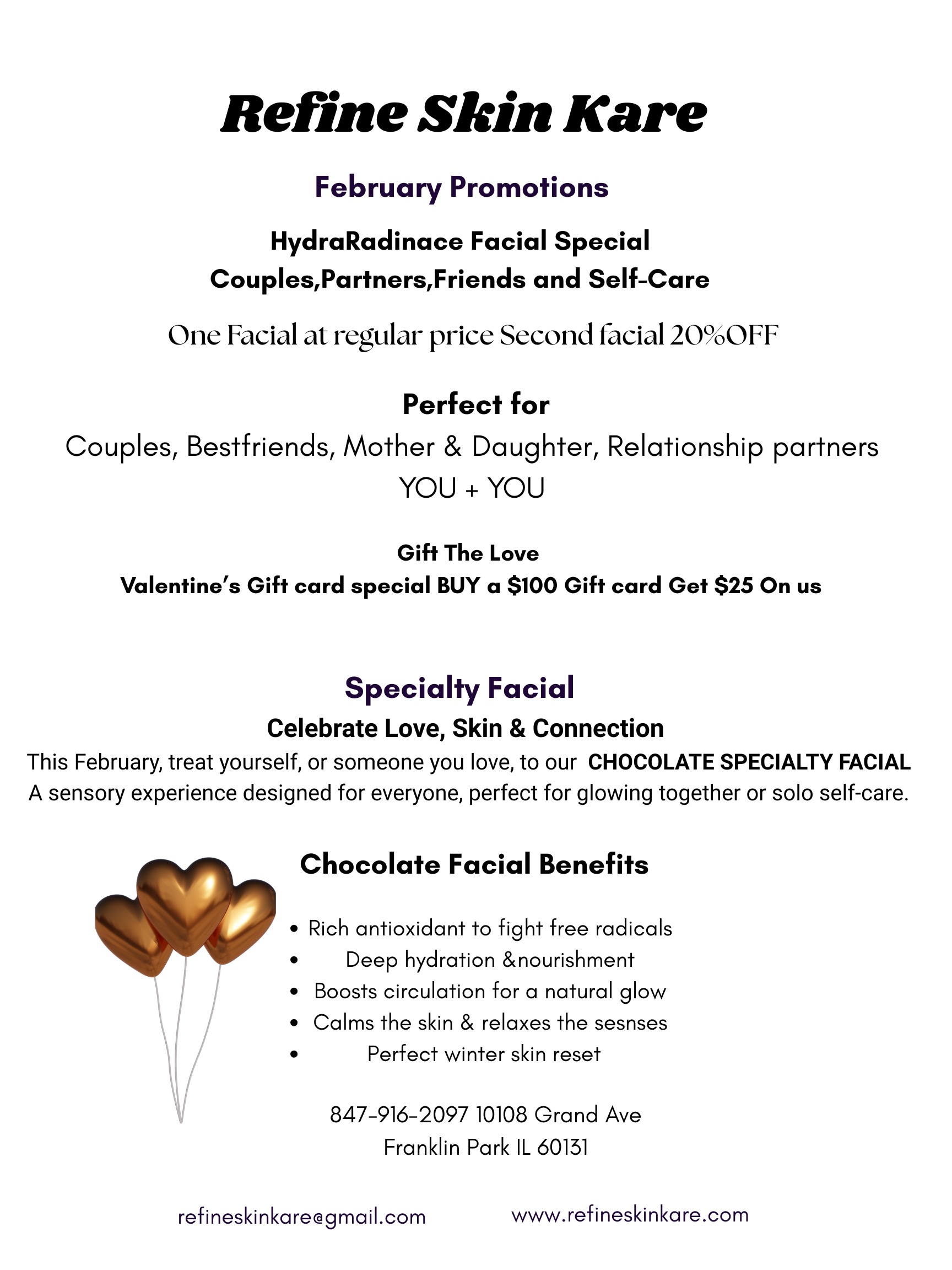 Three heart-shaped gold balloons for Refine Skin Kare Chocolate Specialty Facial promotion, celebrating love, skin connection, and self-care.