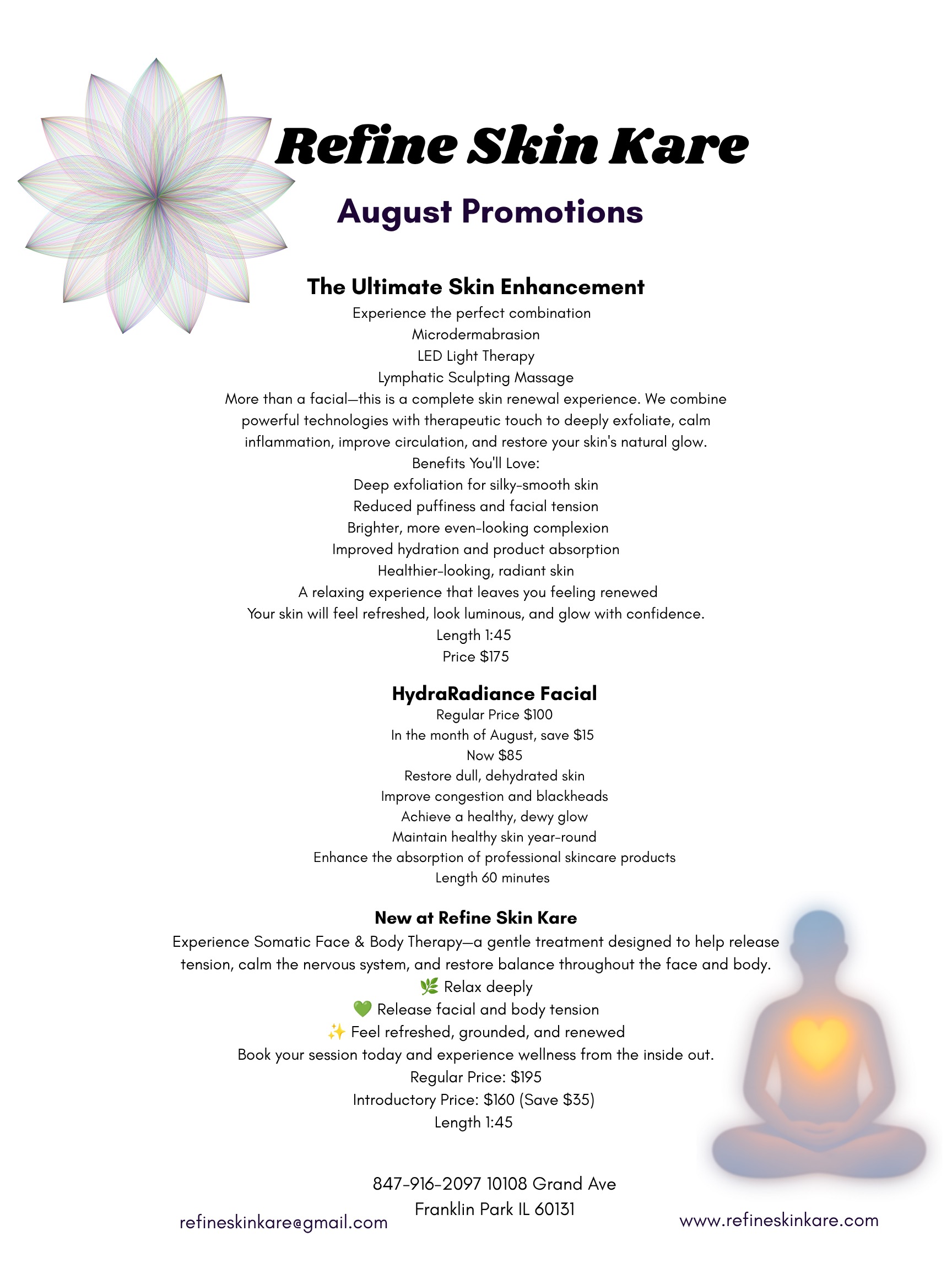 Refine Skin Kare August Promotions flyer listing The Ultimate Skin Enhancement (microdermabrasion, LED light therapy, lymphatic sculpting massage; 1:45, $175) with benefits like deep exfoliation and radiant skin; HydraRadiance Facial now $85 (save $15 from $100, 60 minutes) for hydrated, dewy glow; and new Somatic Face & Body Therapy (introductory $160 from $195, 1:45) to release tension and restore balance, plus contact details for Franklin Park IL location