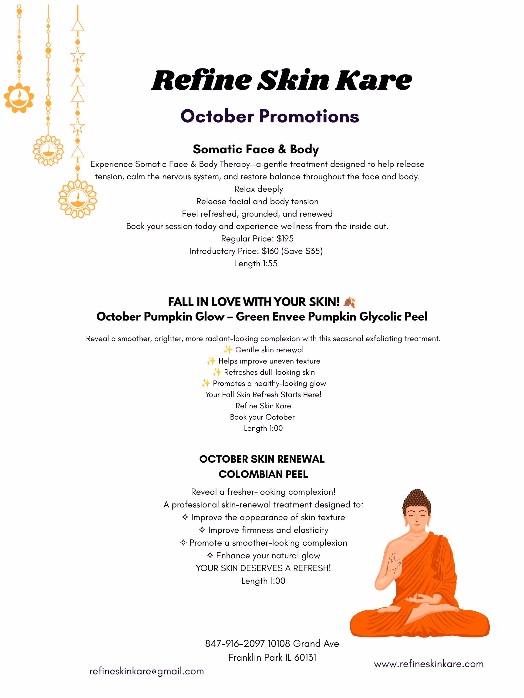 Refine Skin Kare October Promotions flyer listing Somatic Face & Body therapy at an introductory price of $160 (regular $195, save $35, 1 hour 55 minutes), the October Pumpkin Glow Green Envee Pumpkin Glycolic Peel (1 hour), and the October Skin Renewal Colombian Peel (1 hour), with benefits for each, plus phone 847-916-2097, 10108 Grand Ave, Franklin Park IL 60131, refineskinkare@gmail.com, and www.refineskinkare.com.
