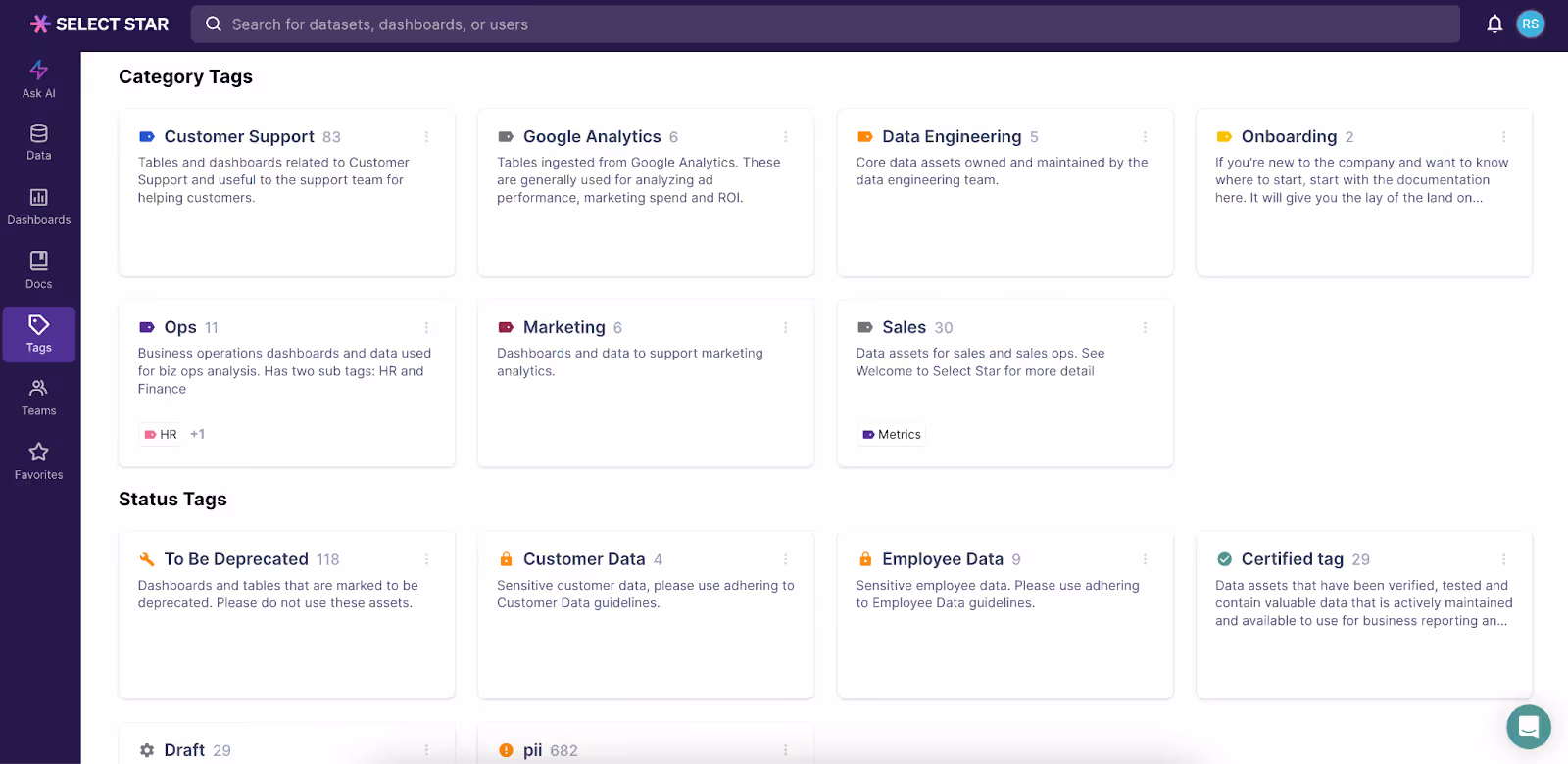 Examples of category tags Select Star users leverage to define their data domains.