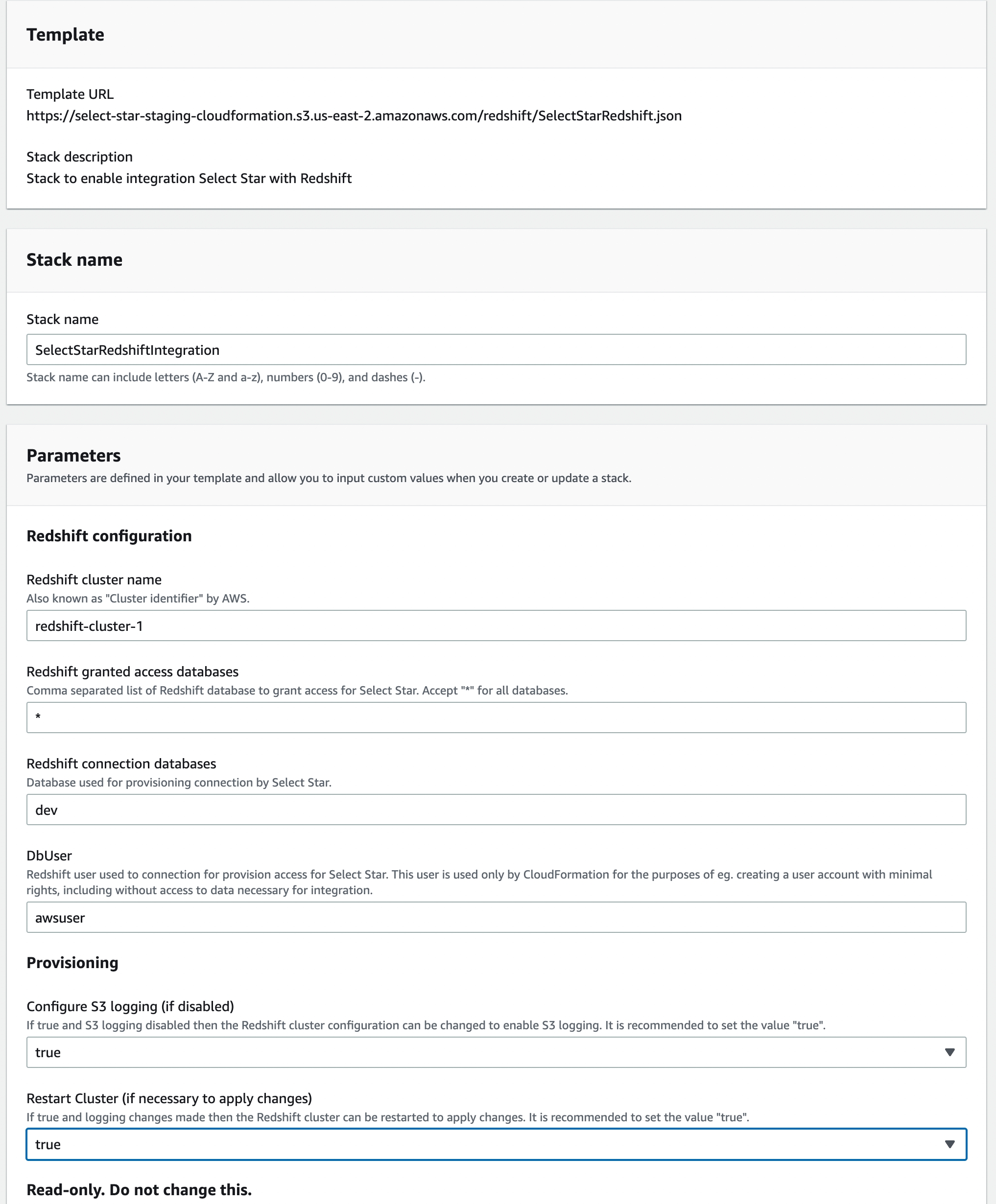 Amazon Redshift configuration for Select Star
