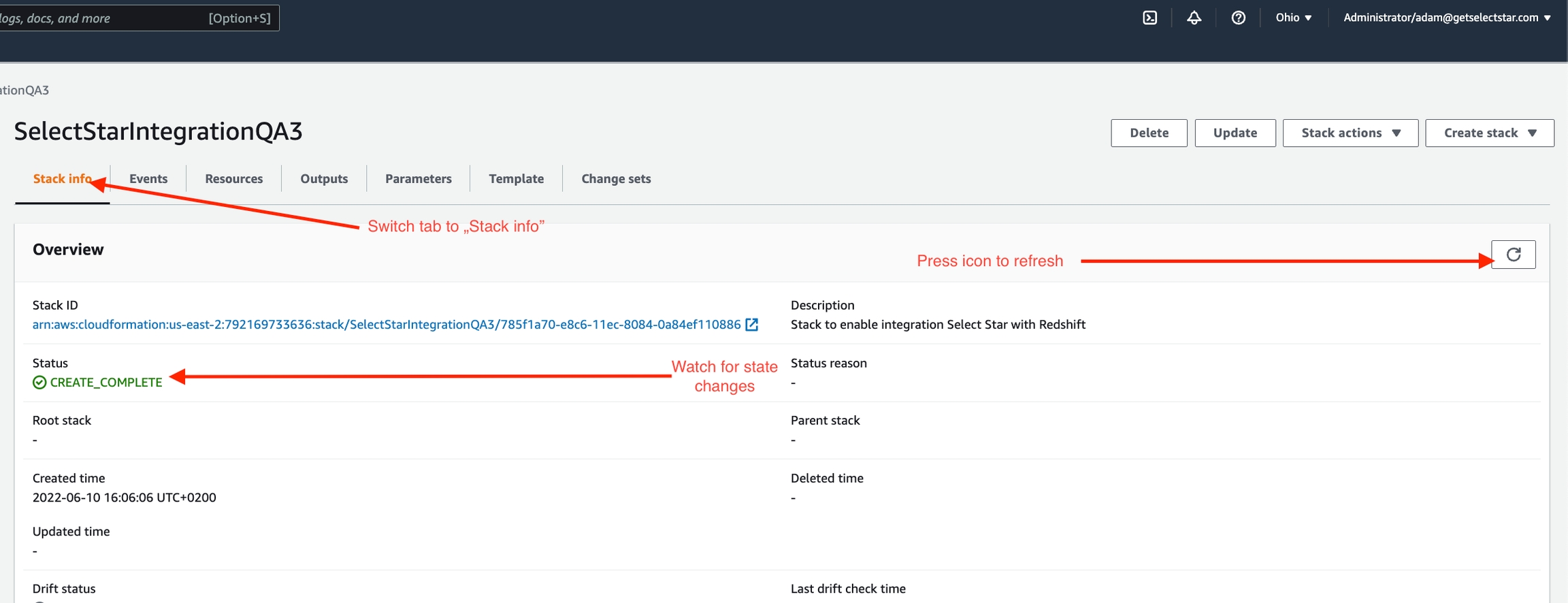 Stack info and status for Cloud Formation