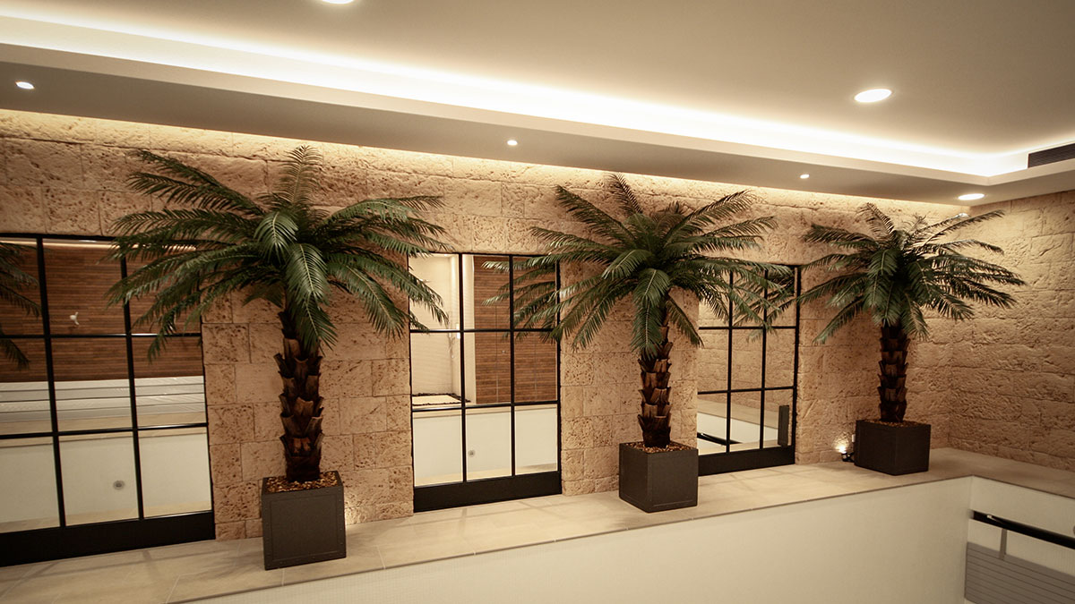 Mixed planting fake green wall used as screening