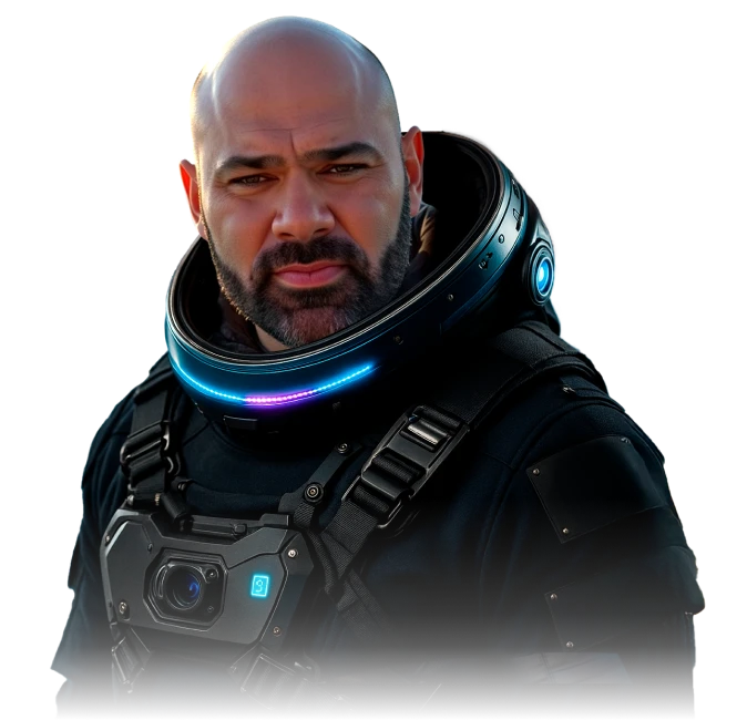 Foto do Jeferson Santos vestido de astronauta, pronto pra te acompanhar na nova era dos Traders.