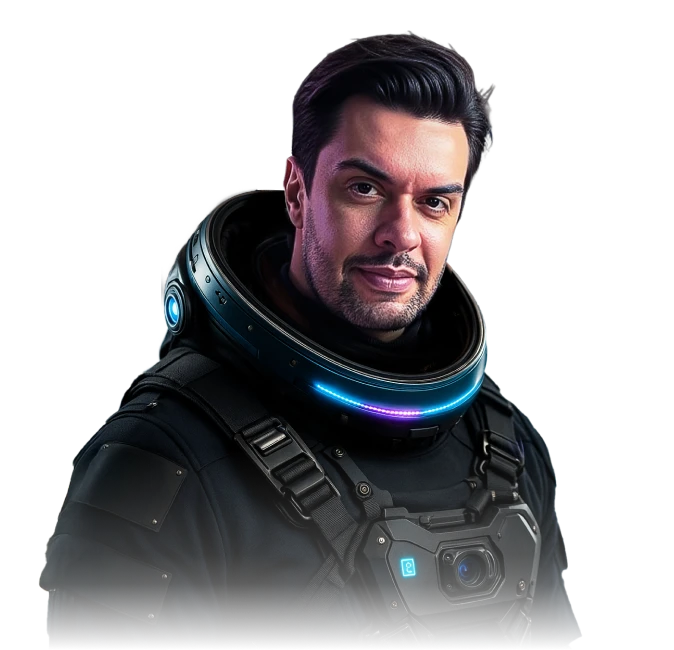 Foto do Carlos Siliprandi como astronauta, pronto pra te acompanhar nessa nova jornada.
