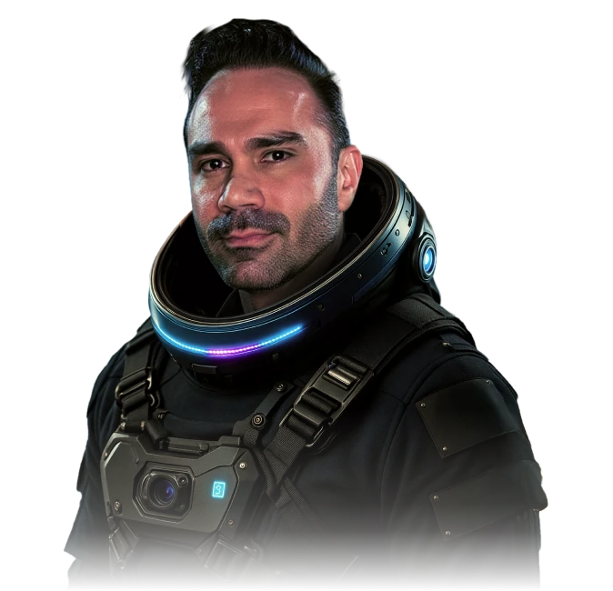 Foto do Alexandre Marquez vestido como astronauta, pronto pra te acompanhar na nova era dos traders.
