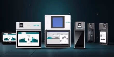 Array of biometric and access control devices including fingerprint scanners and touchscreen panels, displayed on a dark background.