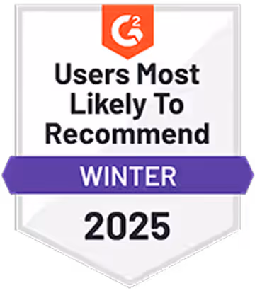 G2 badge showing 'Users Most Likely To Recommend Winter 2025'.
